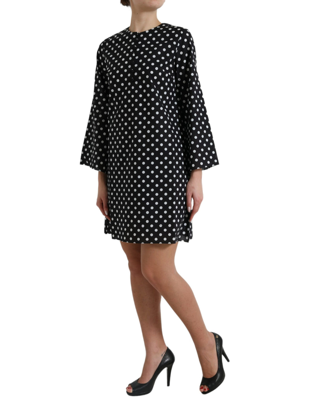 Dolce & Gabbana Schwarz-weiß gepunktetes Nylon-Shift-Minikleid