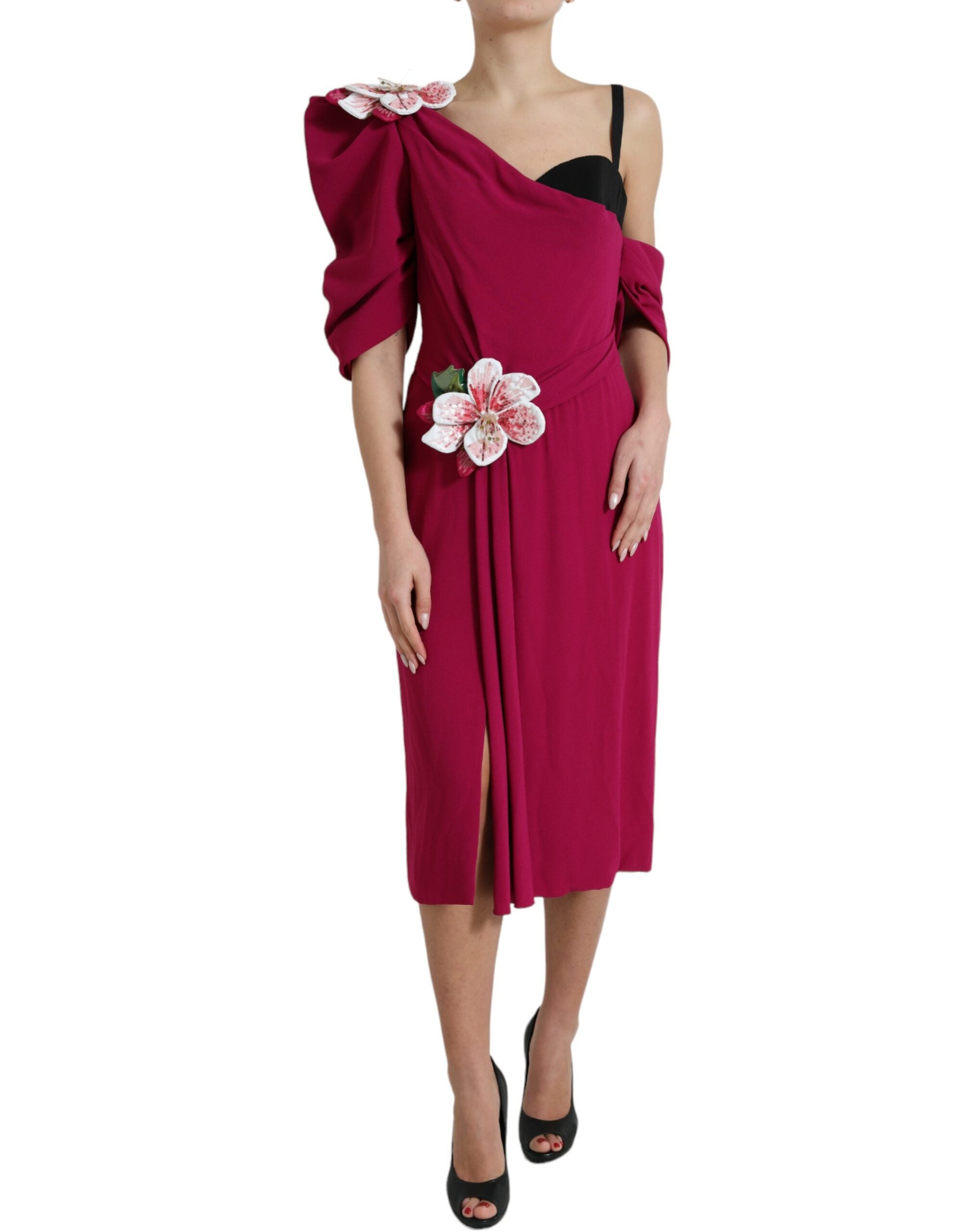 Dolce & Gabbana Lila blumengeschmücktes One-Shoulder-Kleid