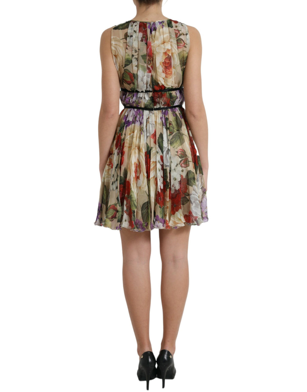Dolce & Gabbana Beigefarbenes ärmelloses Minikleid in A-Linie mit Blumenmuster
