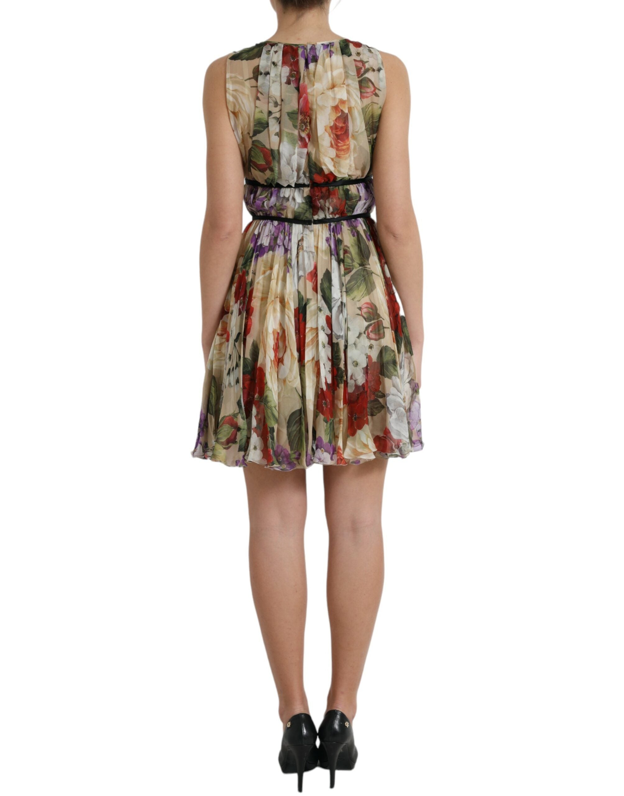 Dolce & Gabbana Beigefarbenes ärmelloses Minikleid in A-Linie mit Blumenmuster