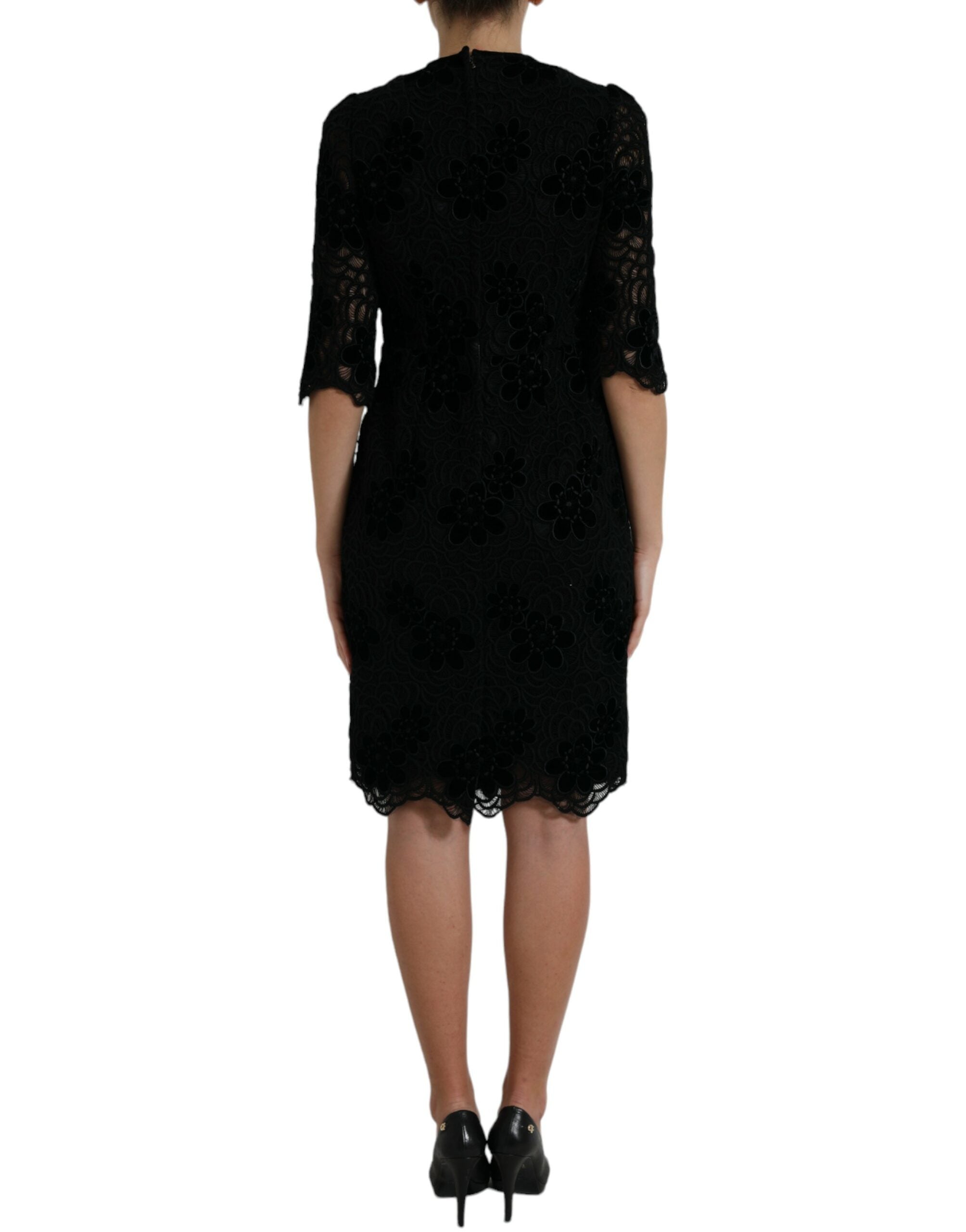 Dolce & Gabbana Schwarzes Bodycon-Kleid aus Baumwolle mit floraler Spitze