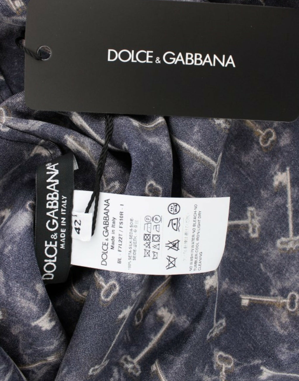 Dolce & Gabbana Blau-goldene Seidenbluse mit Schlüsseldruck