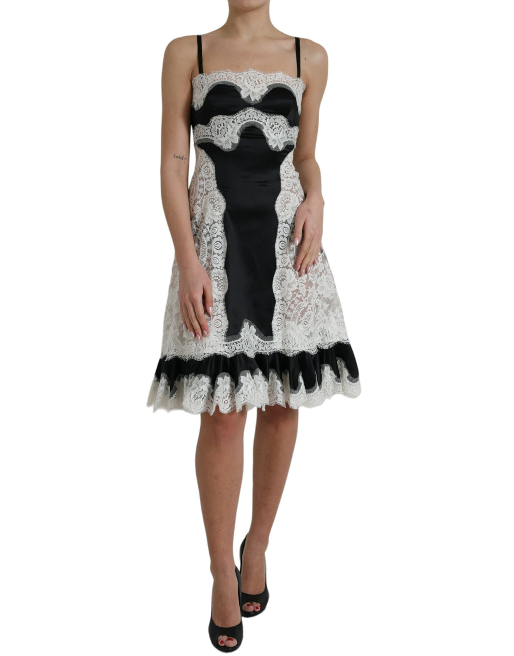 Dolce & Gabbana Schwarz-weißes ärmelloses Kleid aus Spitze mit A-Linie