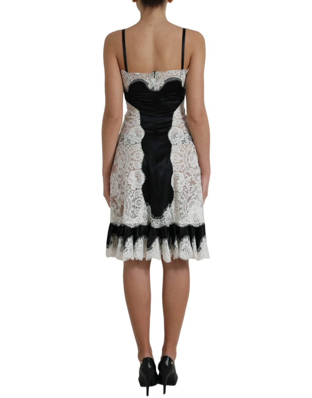 Dolce & Gabbana Schwarz-weißes ärmelloses Kleid aus Spitze mit A-Linie
