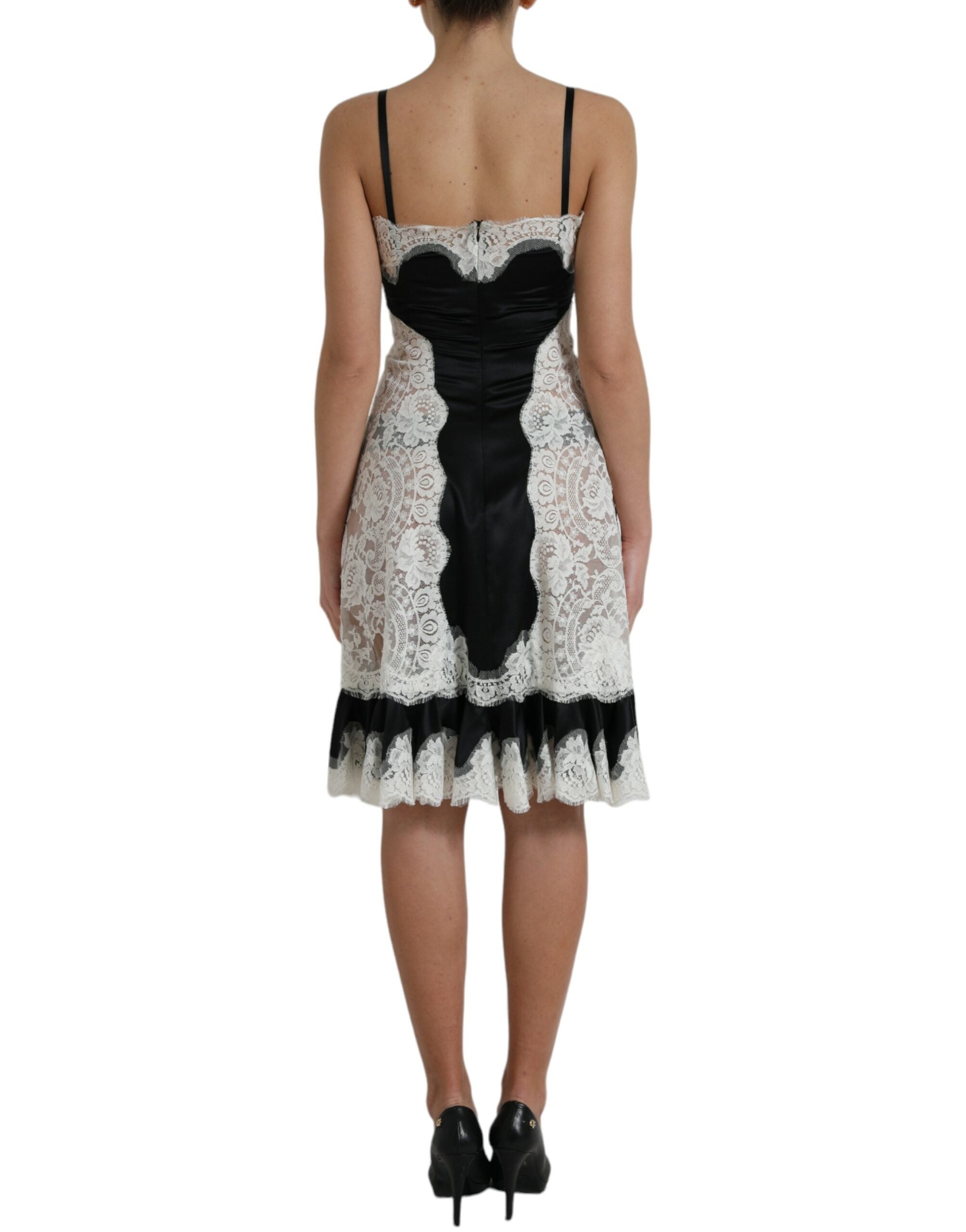 Dolce & Gabbana Schwarz-weißes ärmelloses Kleid aus Spitze mit A-Linie
