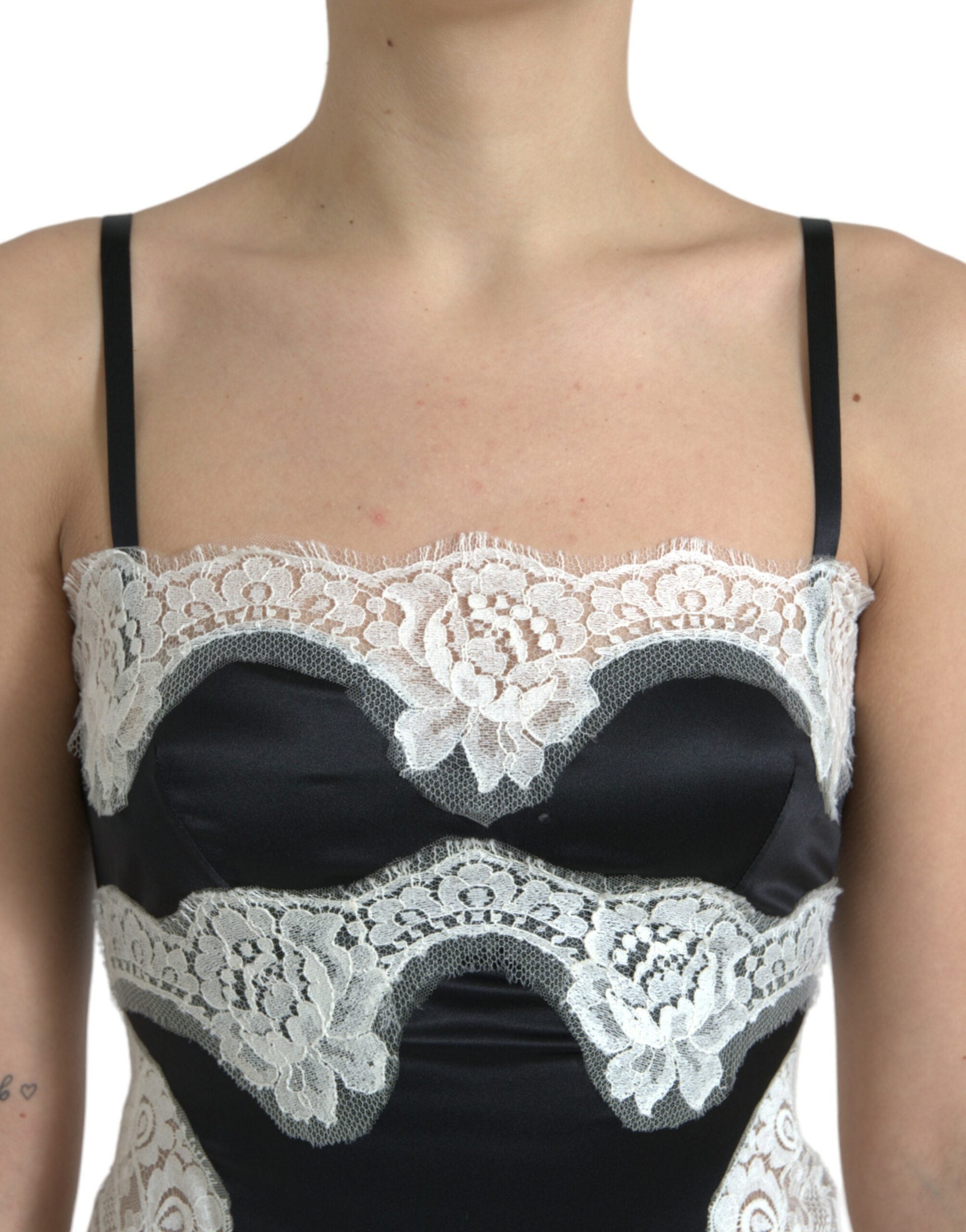 Dolce & Gabbana Schwarz-weißes ärmelloses Kleid aus Spitze mit A-Linie
