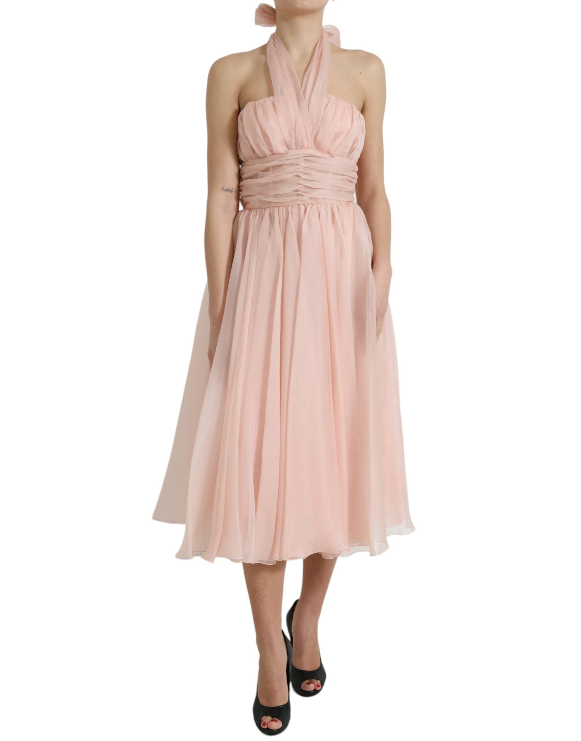 Dolce & Gabbana Rosa Seidenchiffon Halter A-Linie plissiertes Midikleid