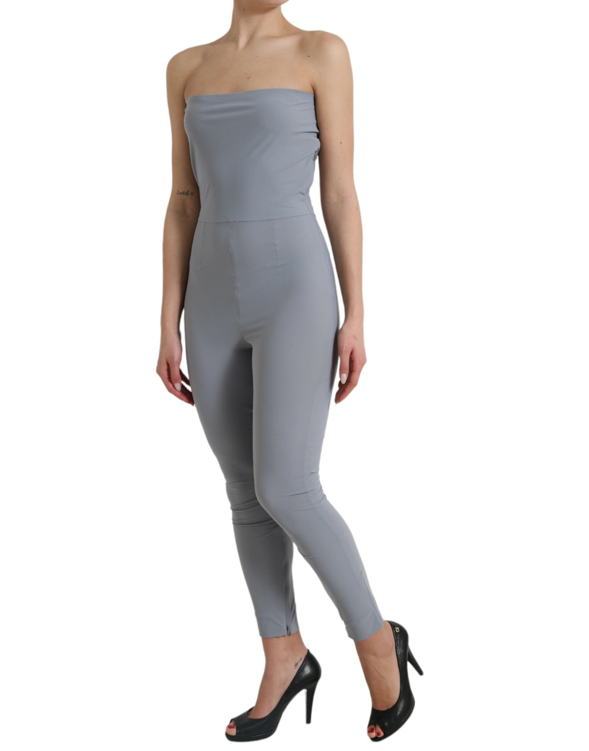 Dolce & Gabbana Graues Nylon trägerloses Bodycon Jumpsuit Kleid