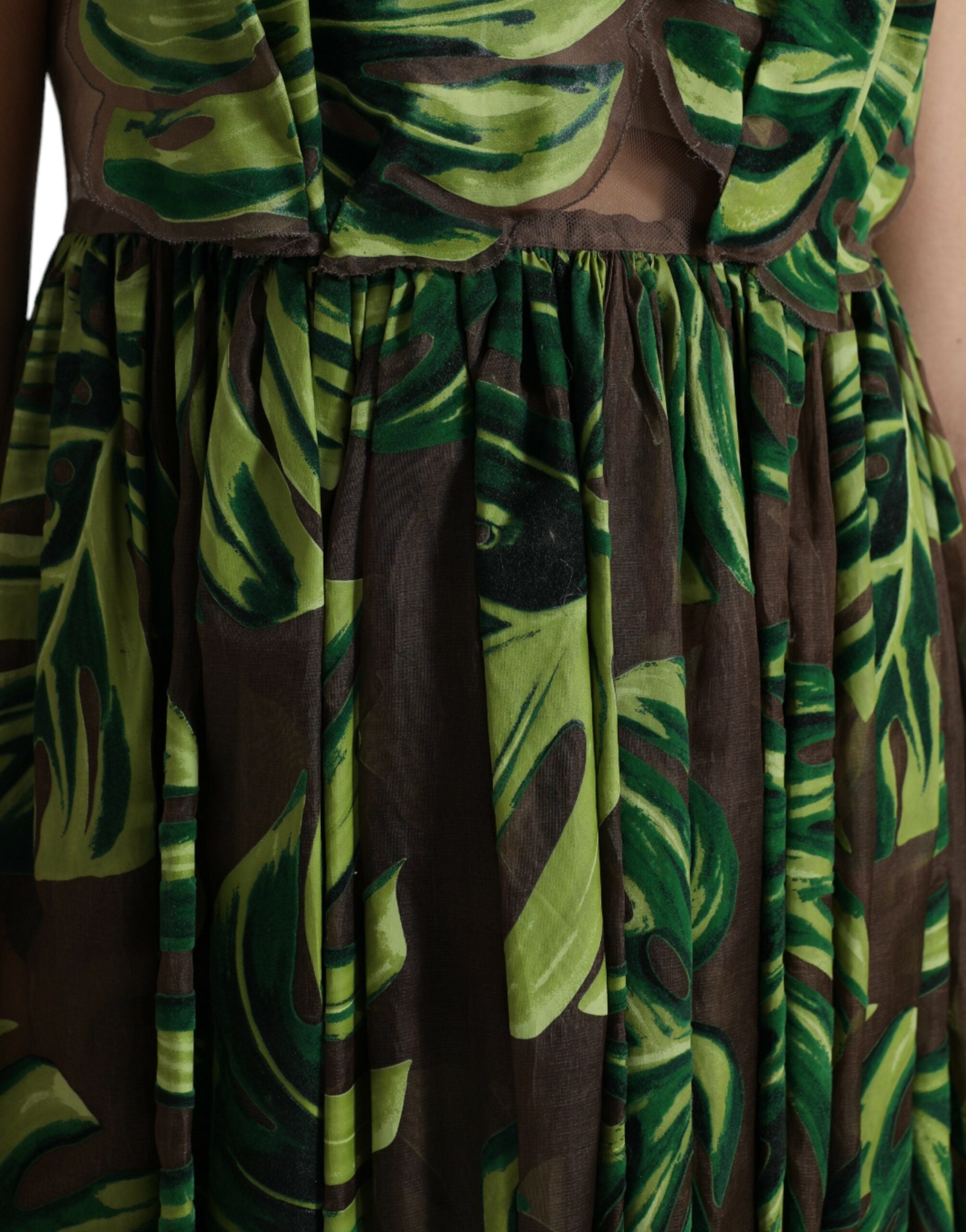 Dolce & Gabbana Grünes ärmelloses langes Maxikleid mit Bananenblättern