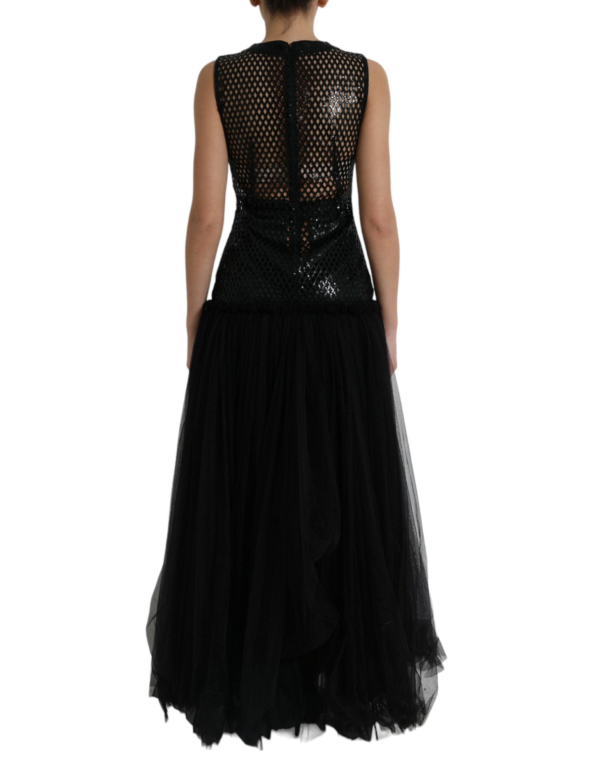 Dolce & Gabbana Schwarzes paillettenbesetztes, ärmelloses Kleid aus Mesh