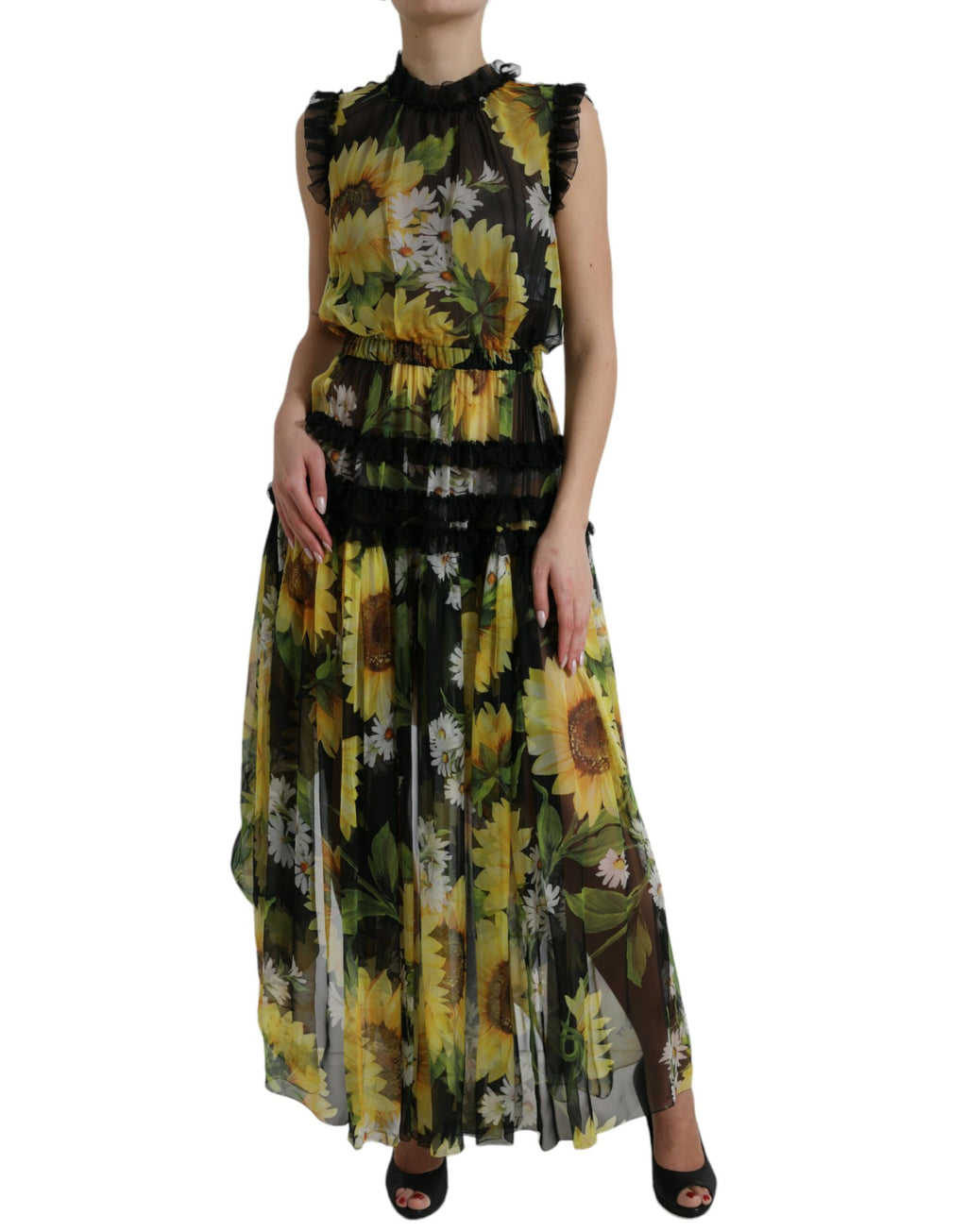 Dolce & Gabbana Schwarzes Sonnenblumen-Maxikleid in A-Linie mit Falten