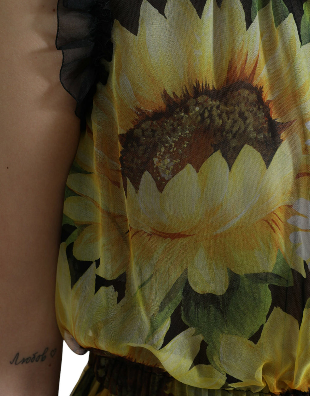 Dolce & Gabbana Schwarzes Sonnenblumen-Maxikleid in A-Linie mit Falten