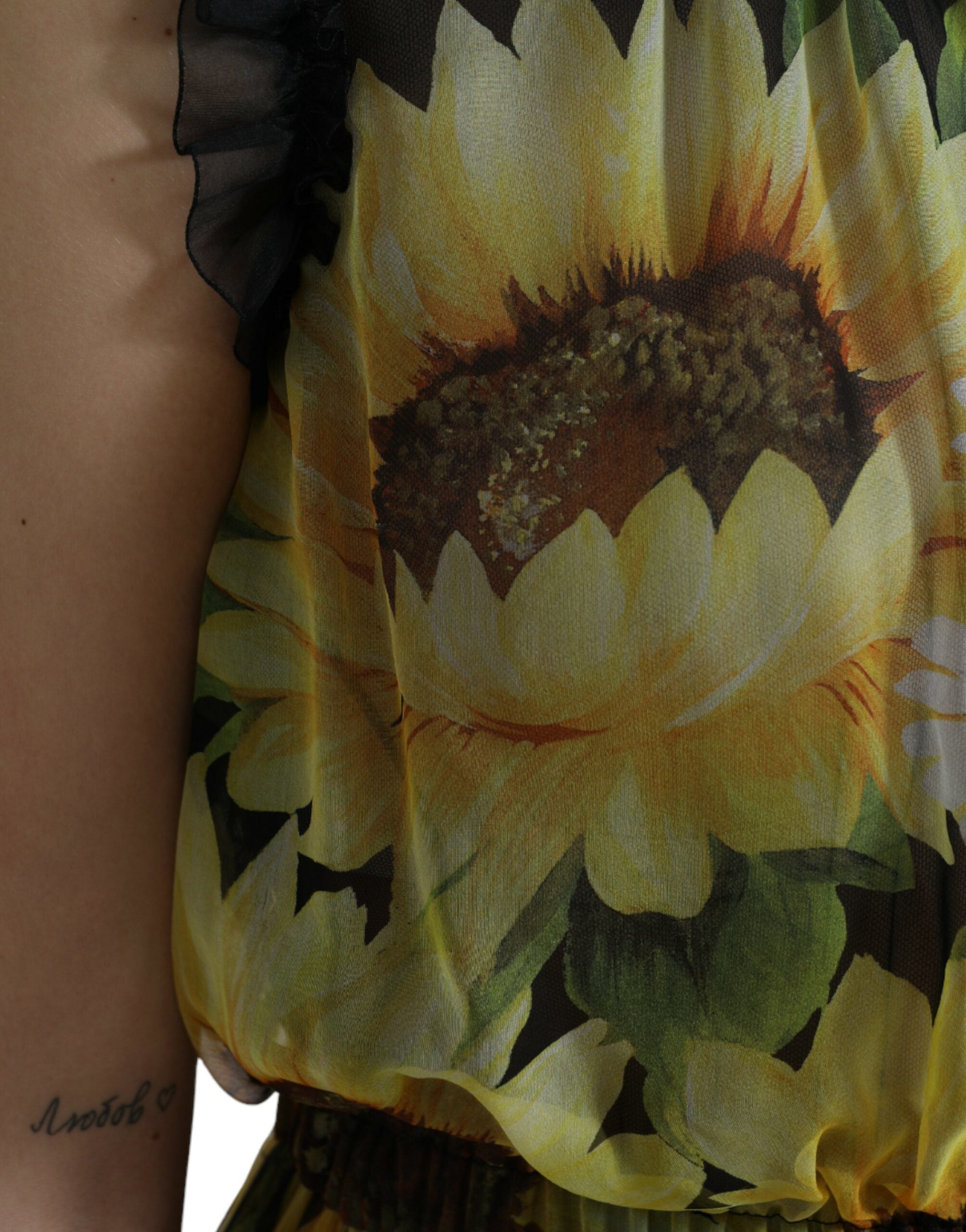 Dolce & Gabbana Schwarzes Sonnenblumen-Maxikleid in A-Linie mit Falten
