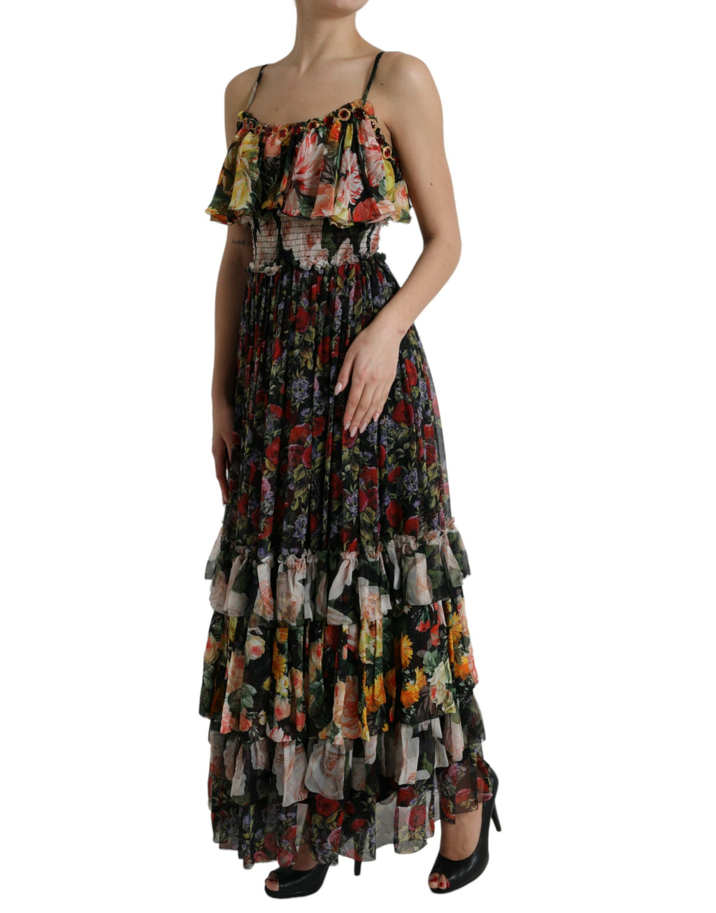 Dolce & Gabbana Mehrfarbiges, geblümtes, gestuftes Maxikleid aus Chiffon