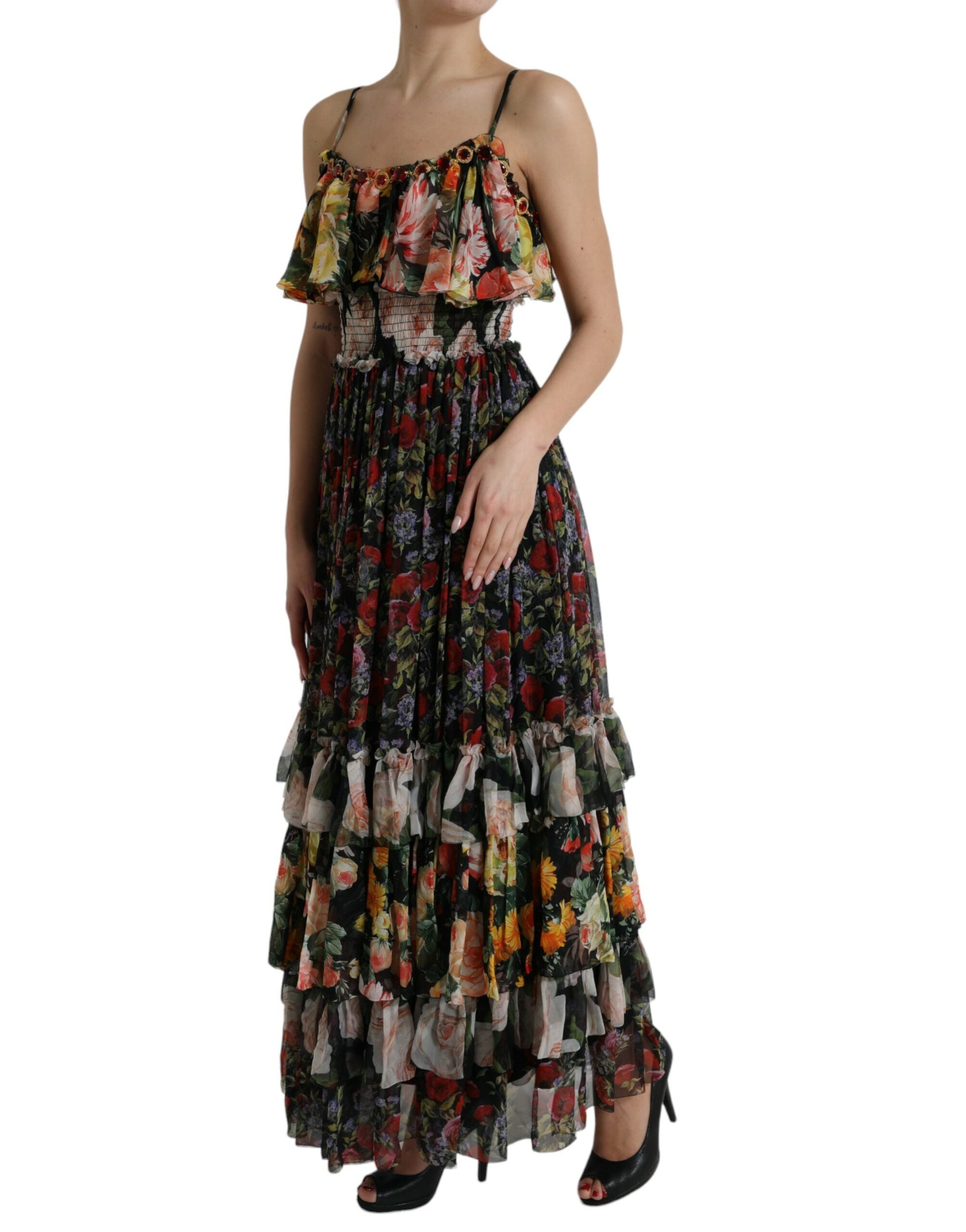 Dolce & Gabbana Mehrfarbiges, geblümtes, gestuftes Maxikleid aus Chiffon
