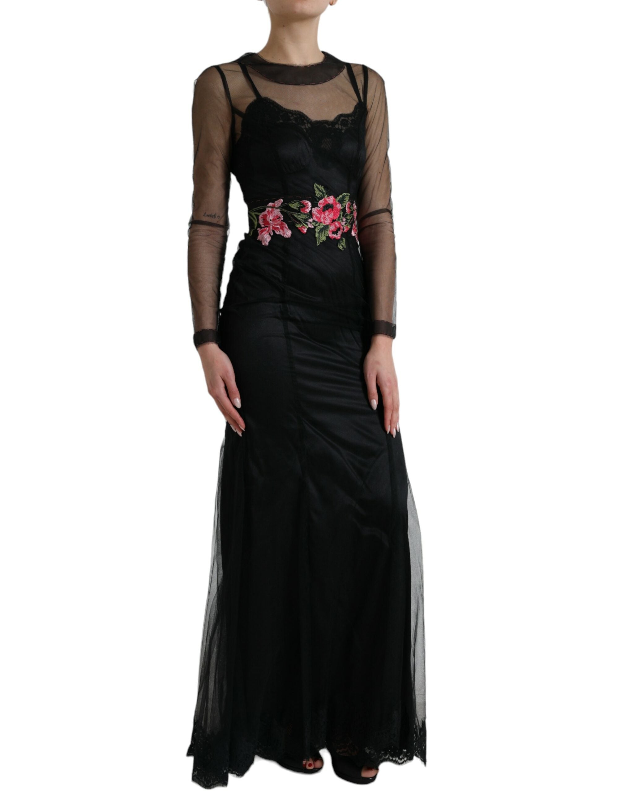 Dolce & Gabbana Schwarzes Kleid mit floraler Stickerei aus Mesh-Tüll