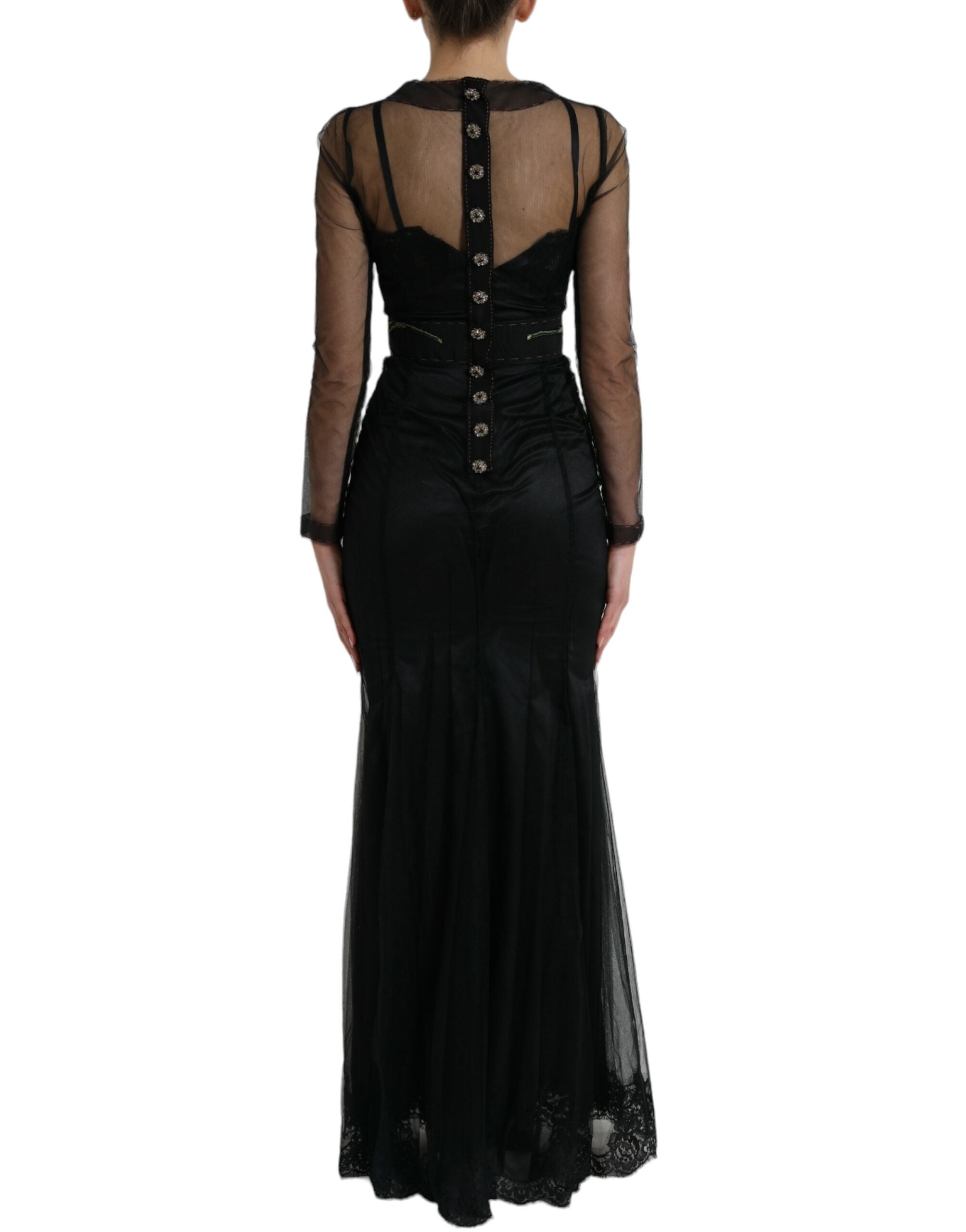 Dolce & Gabbana Schwarzes Kleid mit floraler Stickerei aus Mesh-Tüll