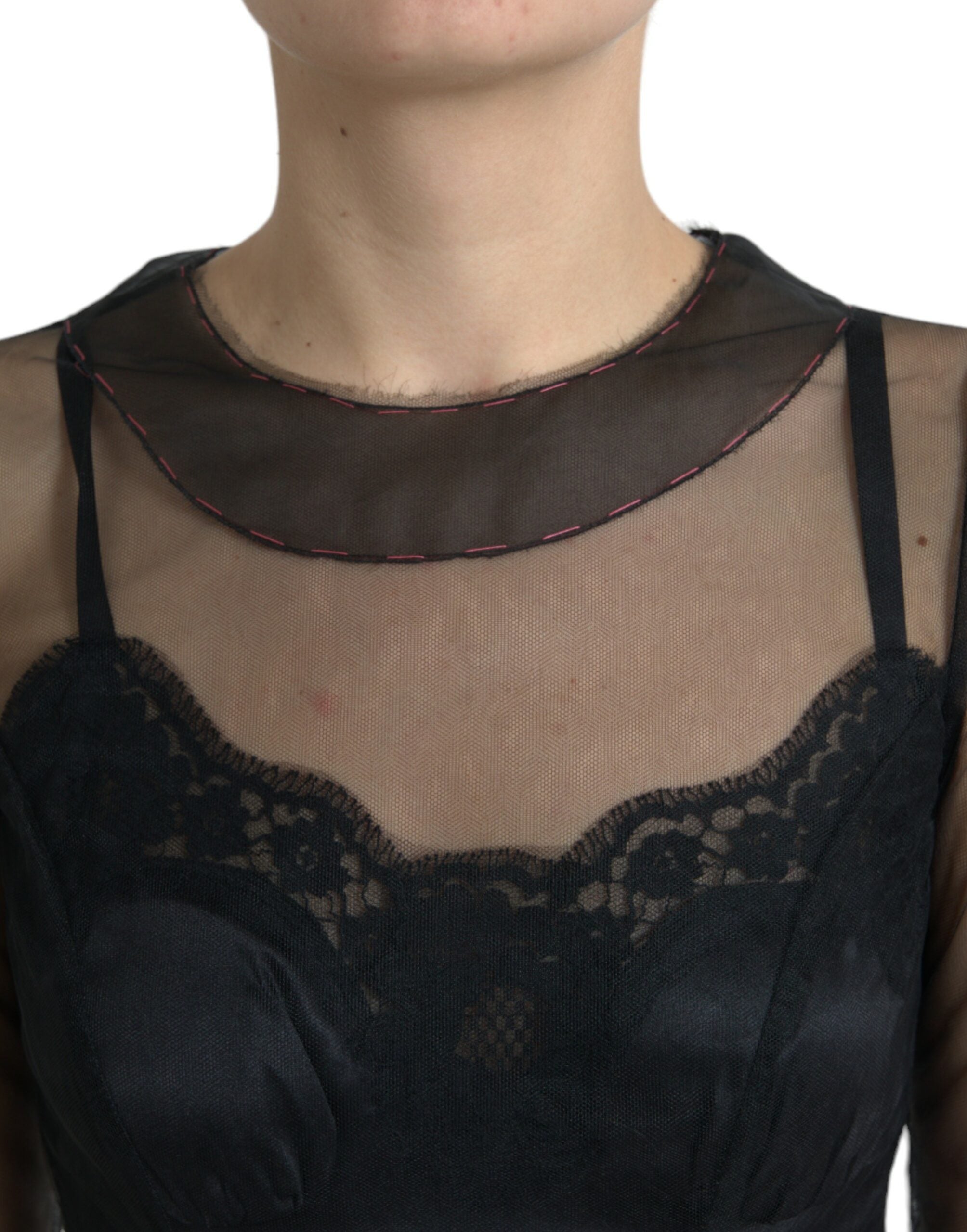 Dolce & Gabbana Schwarzes Kleid mit floraler Stickerei aus Mesh-Tüll
