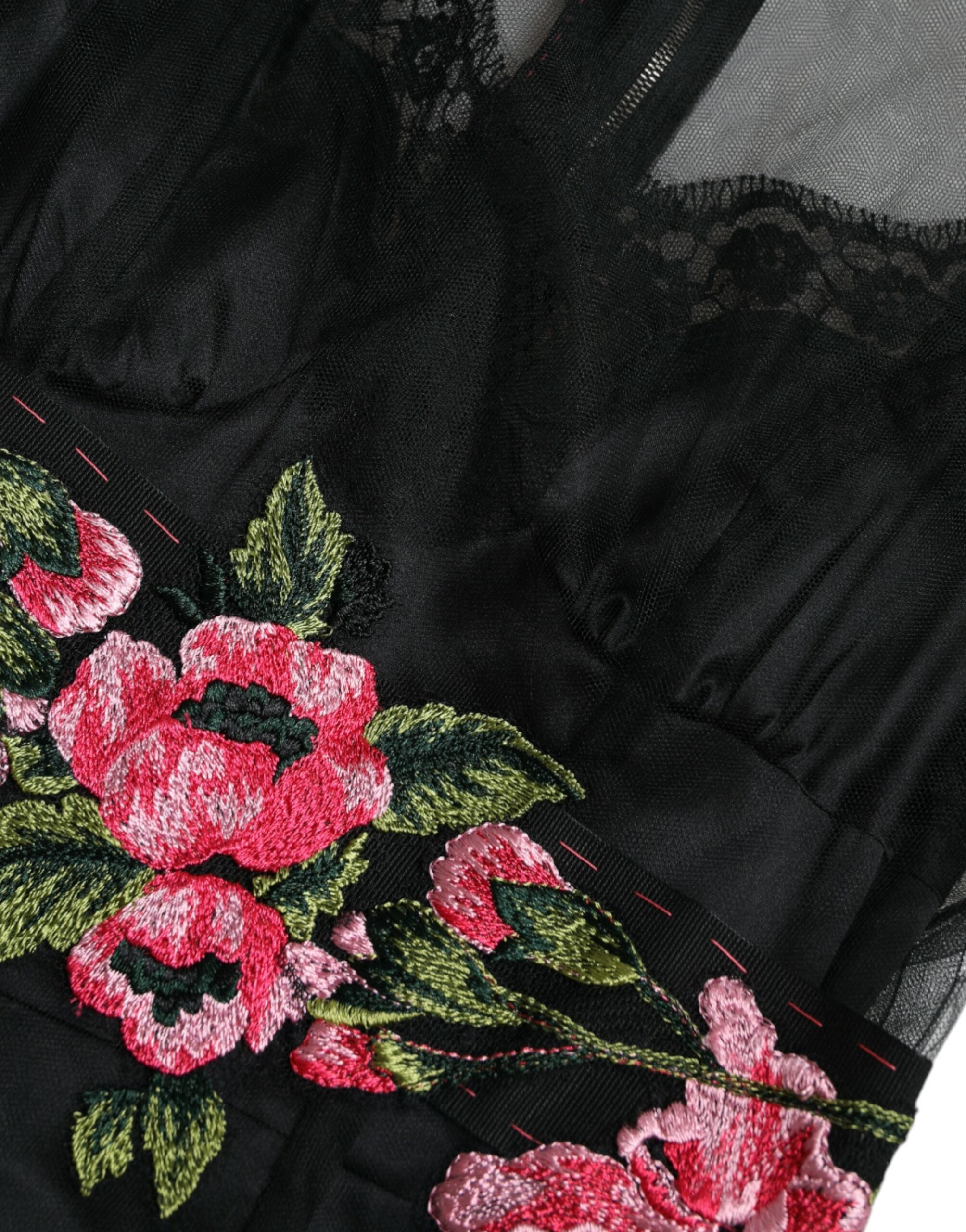Dolce & Gabbana Schwarzes Kleid mit floraler Stickerei aus Mesh-Tüll