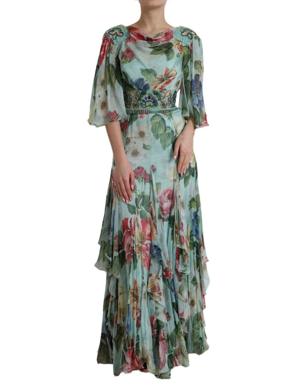 Dolce & Gabbana Blaues gestuftes Maxikleid mit Blumendruck