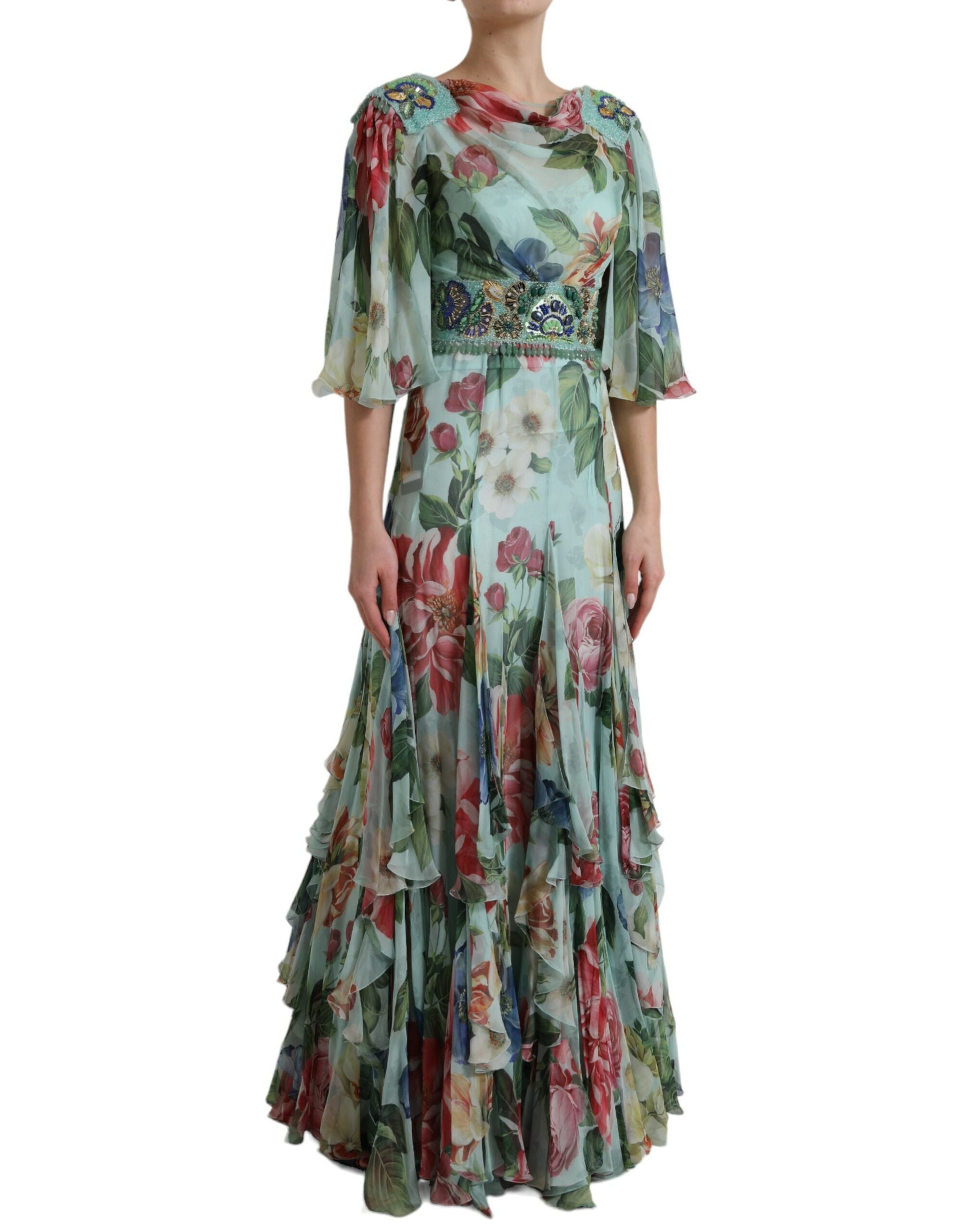 Dolce & Gabbana Blaues gestuftes Maxikleid mit Blumendruck