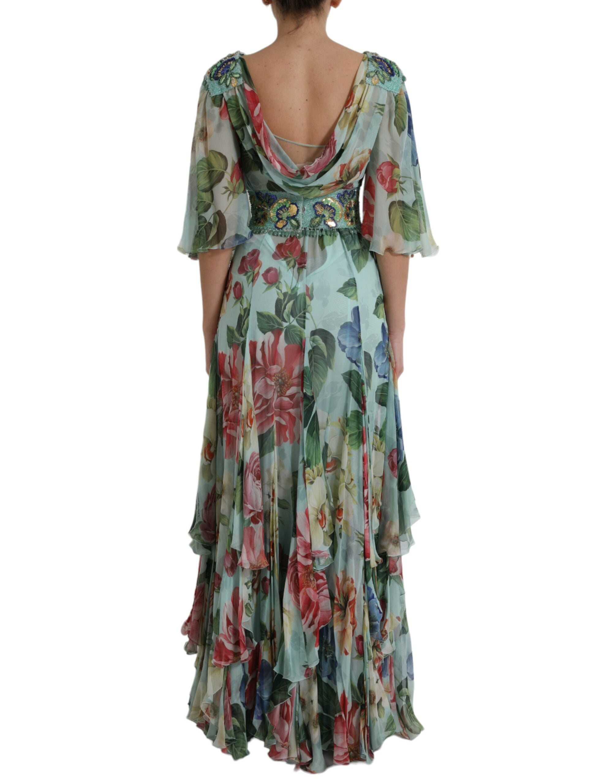 Dolce & Gabbana Blaues gestuftes Maxikleid mit Blumendruck