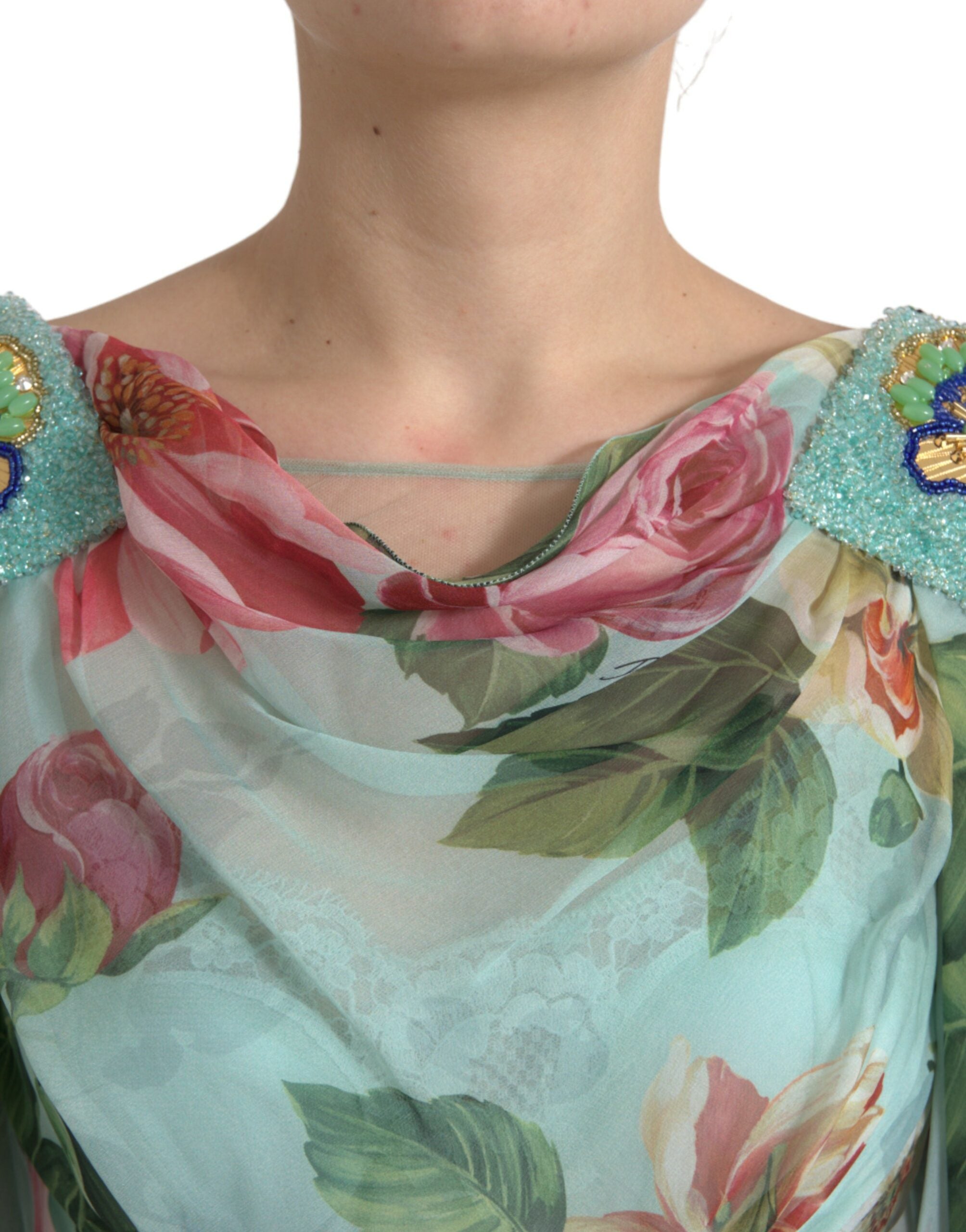 Dolce & Gabbana Blaues gestuftes Maxikleid mit Blumendruck