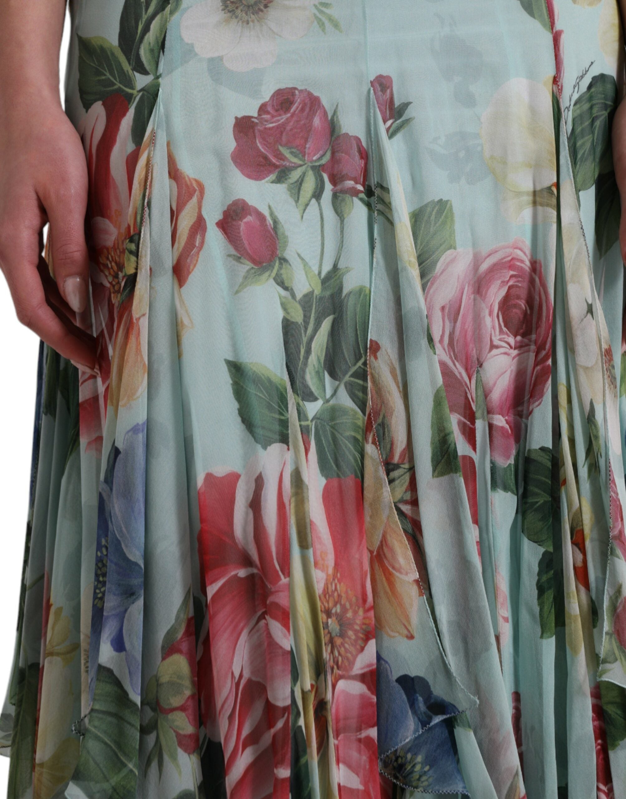 Dolce & Gabbana Blaues gestuftes Maxikleid mit Blumendruck
