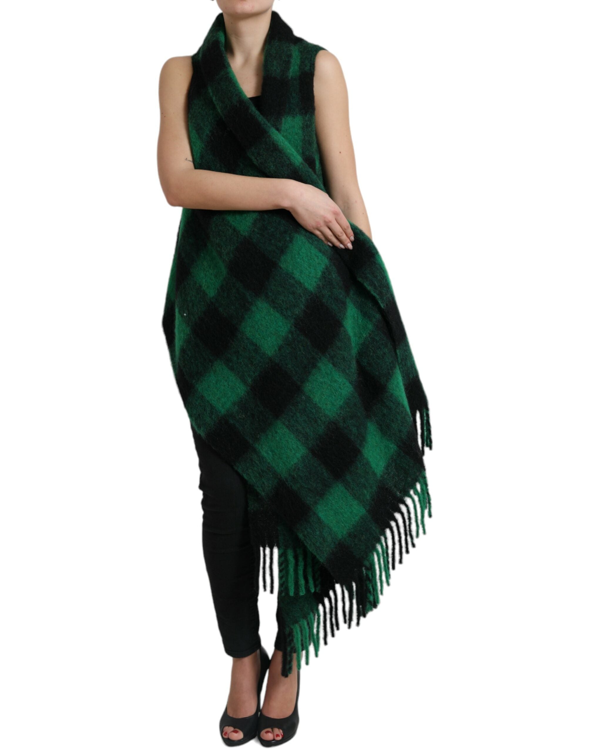 Dolce & Gabbana Schwarz Grün Buffalo Check Poncho Mantel Jacke