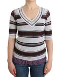Ermanno Scervino Gestreiftes Spitzen-Top mit V-Ausschnitt und kurzen Ärmeln Pullover