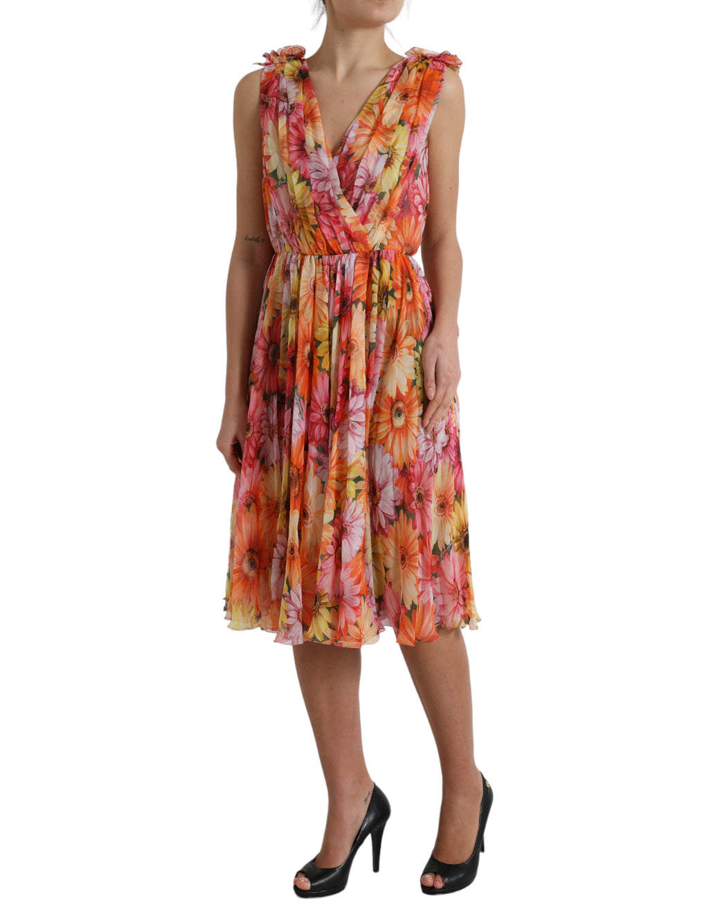 Dolce & Gabbana Mehrfarbiges Midikleid aus Seide mit Sonnenblumendruck