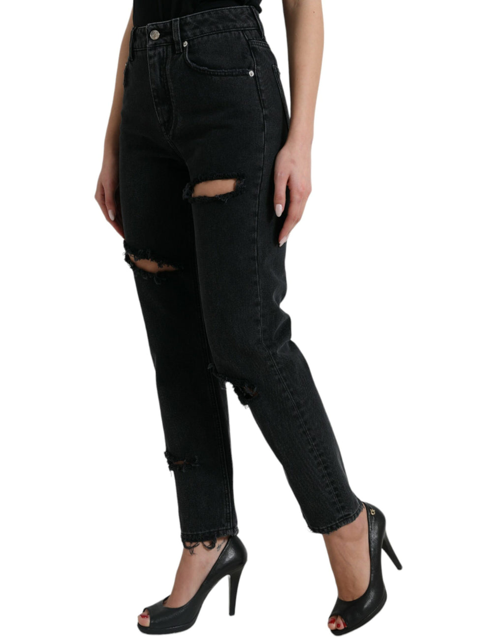 Dolce & Gabbana Schwarze Baumwolljeans mit hoher Taille aus zerfetztem Denim