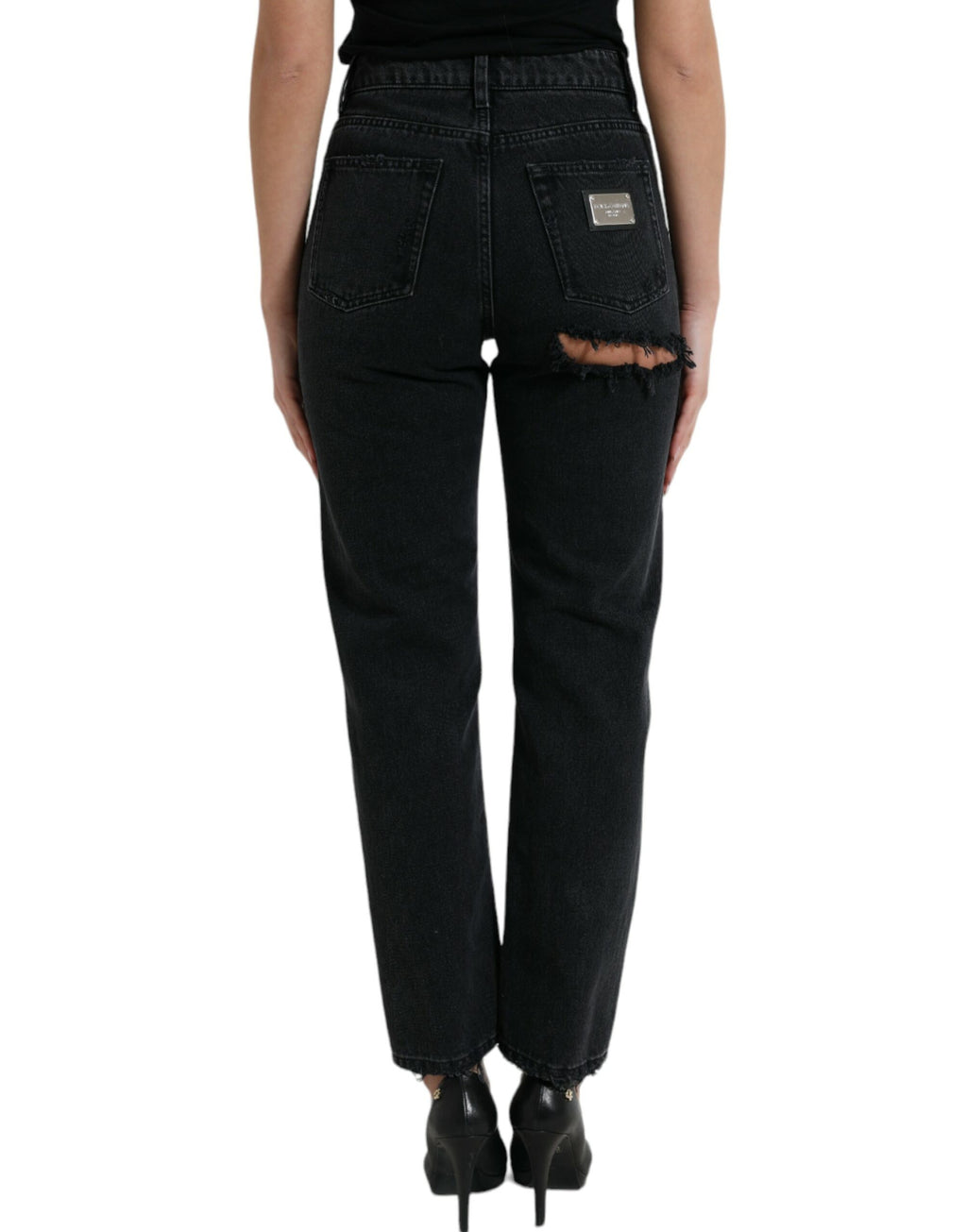 Dolce & Gabbana Schwarze Baumwolljeans mit hoher Taille aus zerfetztem Denim
