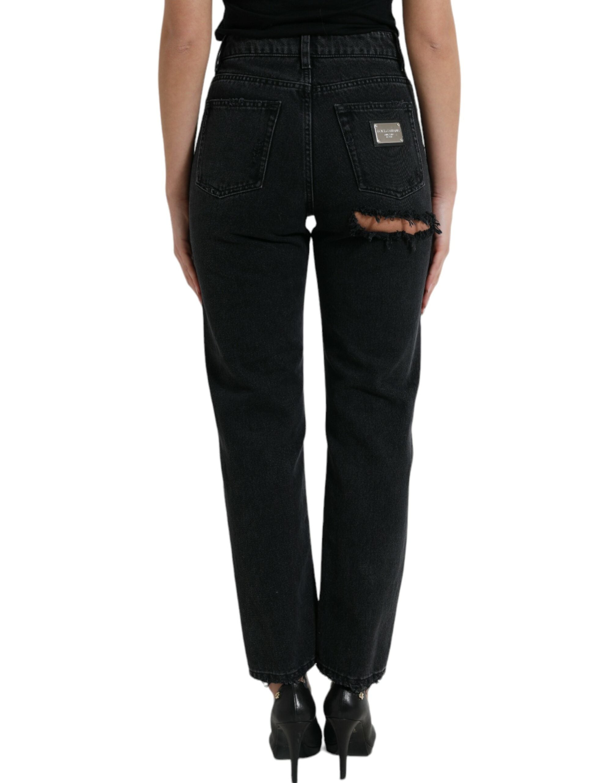 Dolce & Gabbana Schwarze Baumwolljeans mit hoher Taille aus zerfetztem Denim
