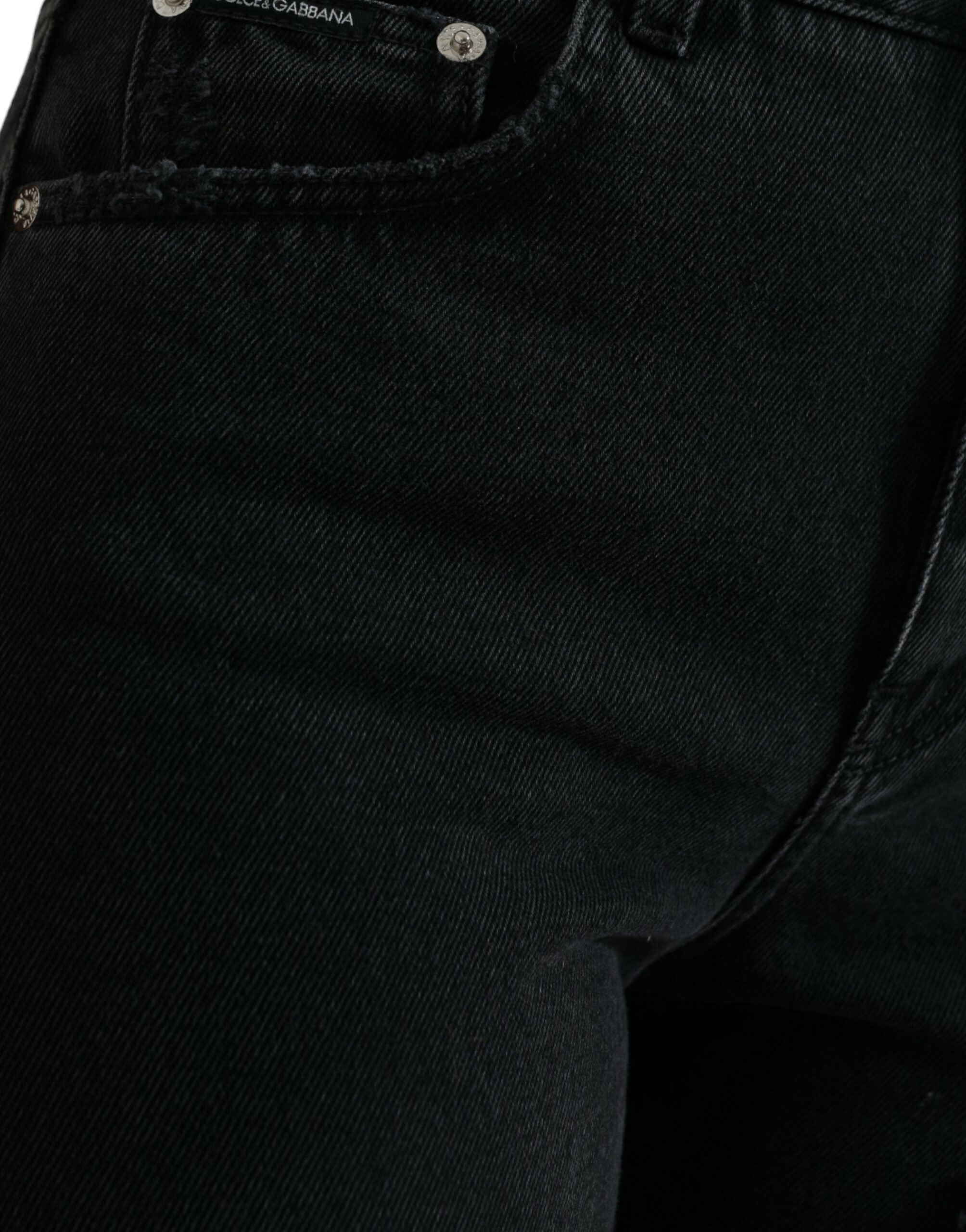 Dolce & Gabbana Schwarze Baumwolljeans mit hoher Taille aus zerfetztem Denim