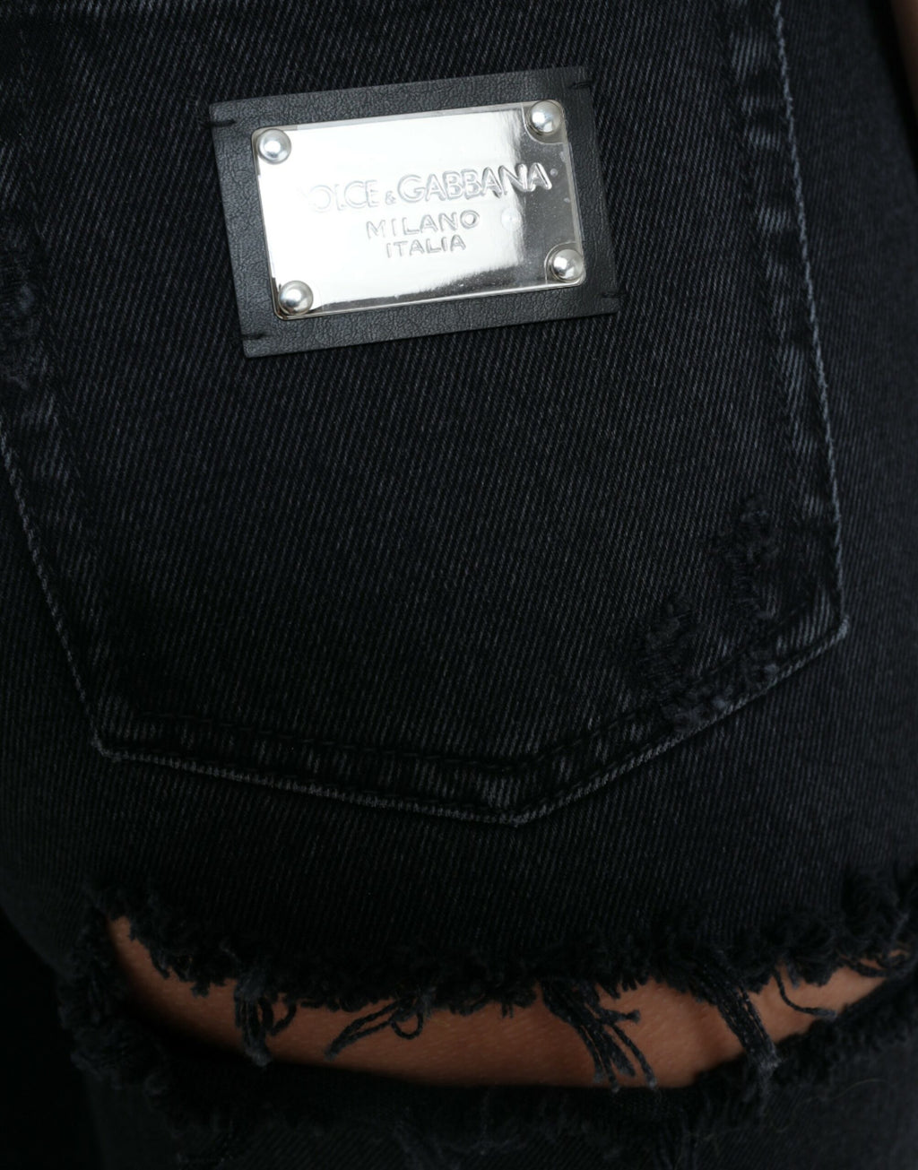 Dolce & Gabbana Schwarze Baumwolljeans mit hoher Taille aus zerfetztem Denim