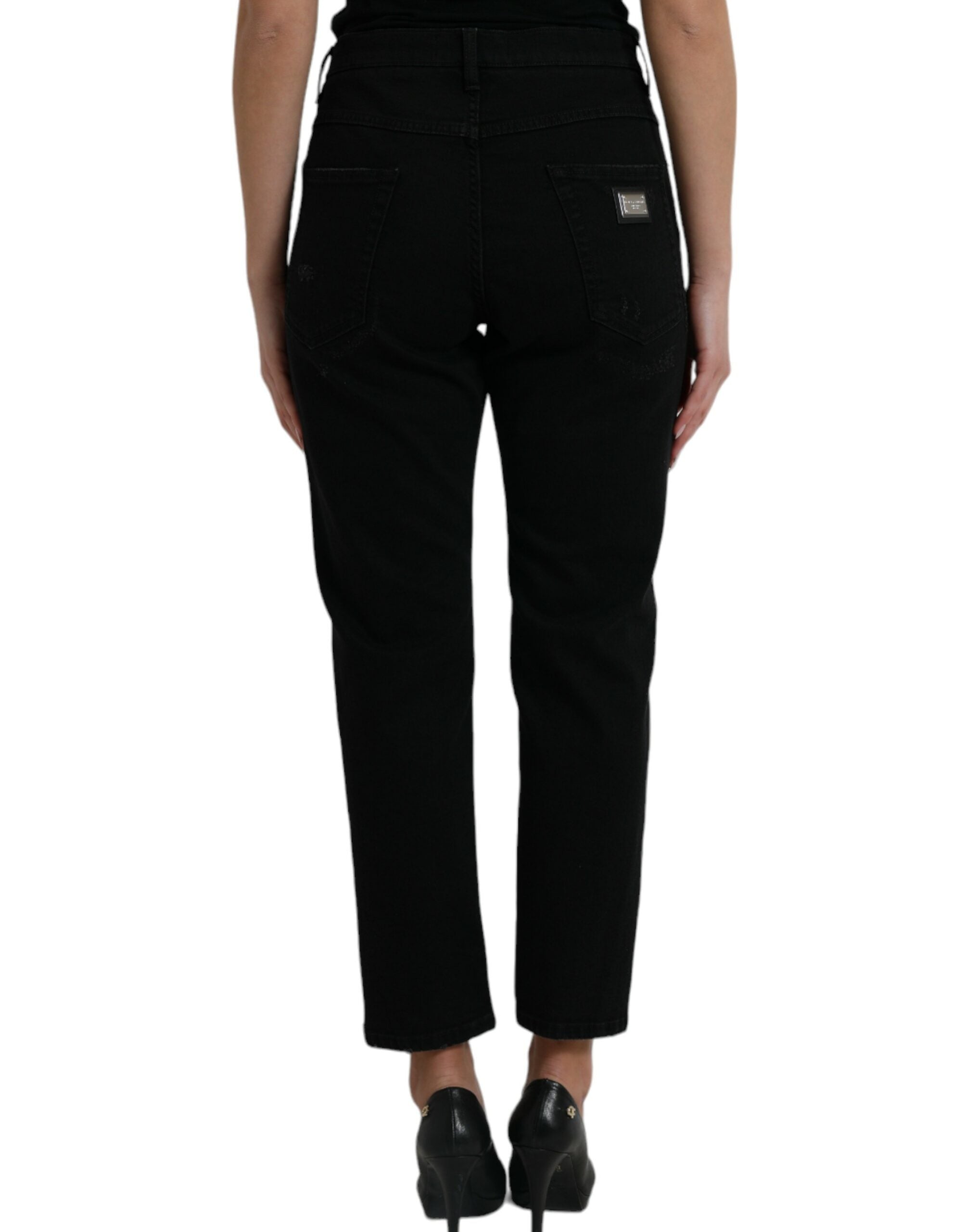 Dolce & Gabbana Schwarze Baumwolljeans mit hoher Taille aus zerfetztem Denim