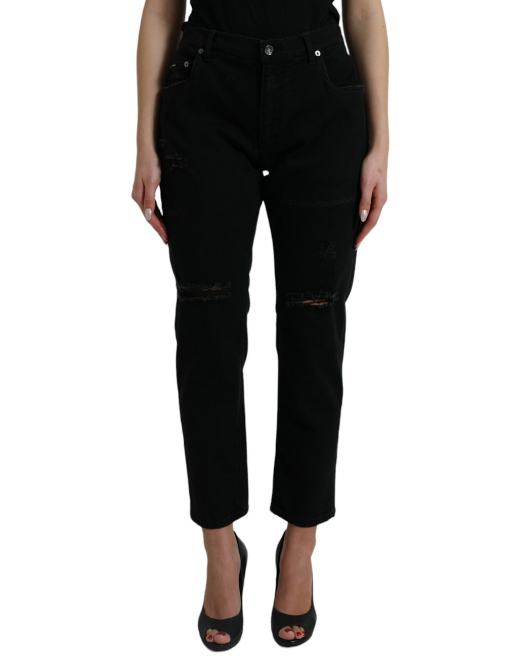 Dolce & Gabbana Schwarze Baumwolljeans mit hoher Taille aus zerfetztem Denim