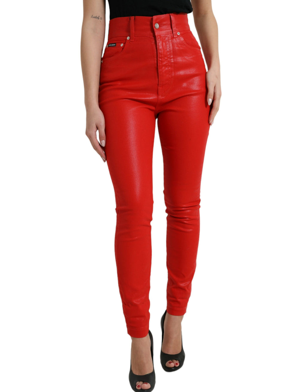 Dolce & Gabbana Rote Skinny Denim-Jeans mit hoher Taille aus Baumwolle