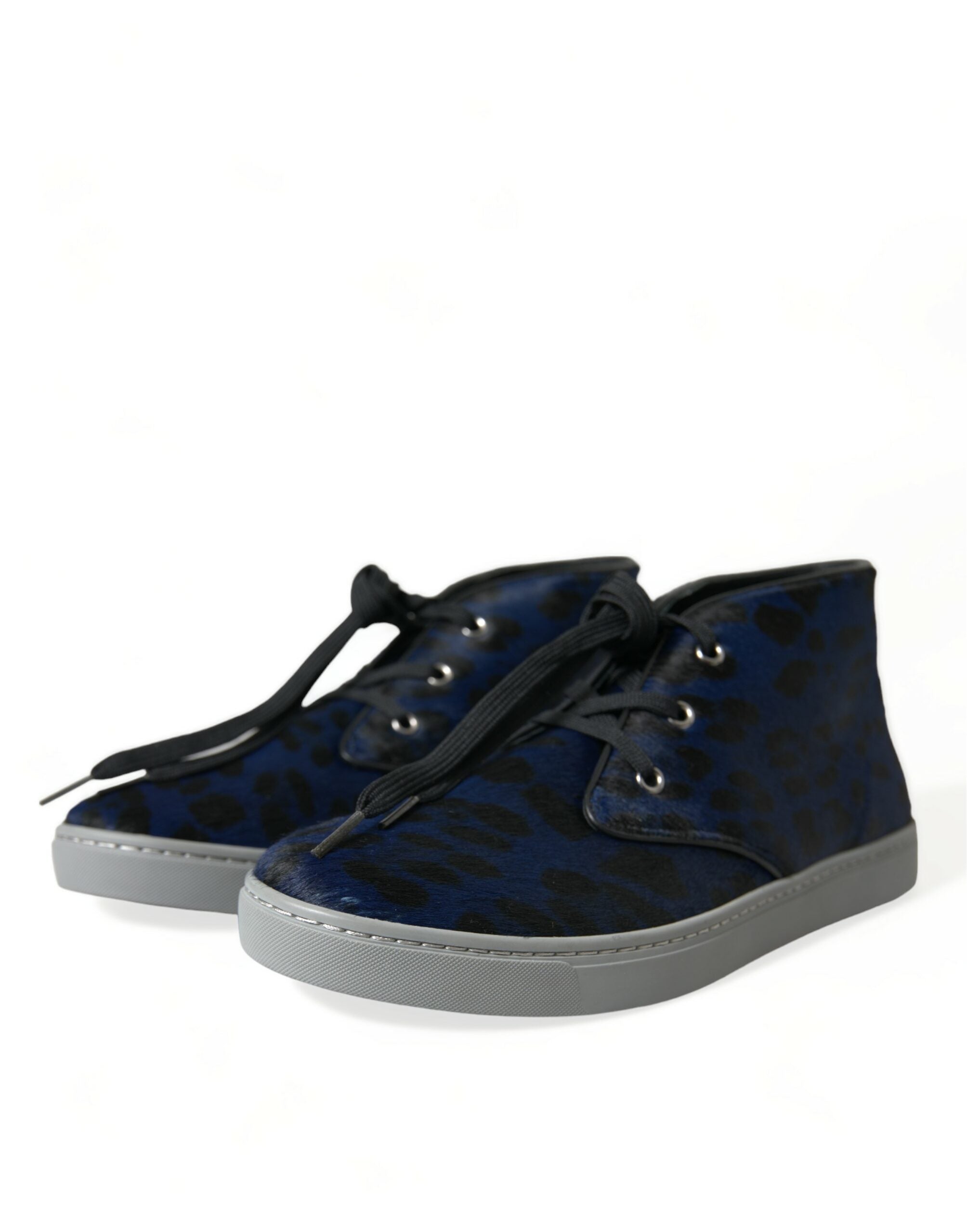 Dolce & Gabbana Blaue Kalbsleder Leopard Mid Top Sneakers Schuhe