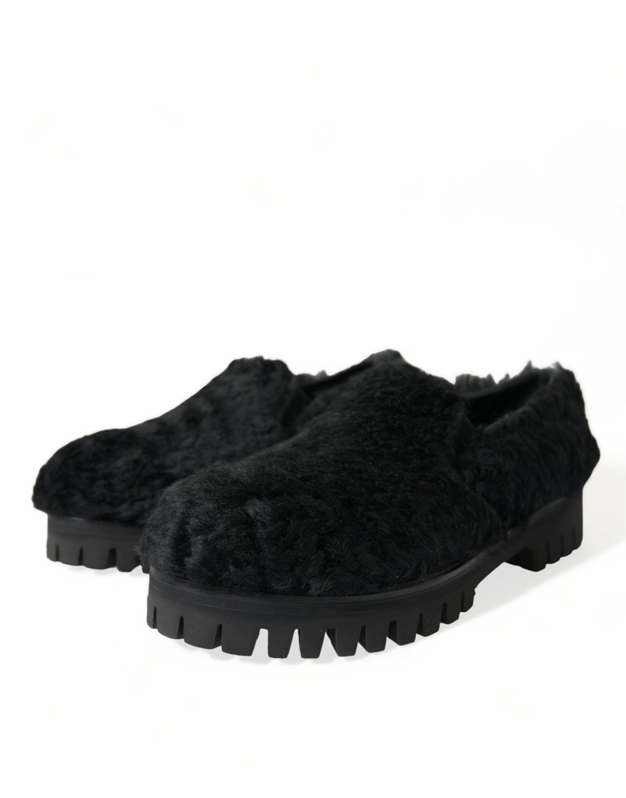 Dolce & Gabbana Schwarz Pelz Leder Hausschuhe Kleid Schuhe