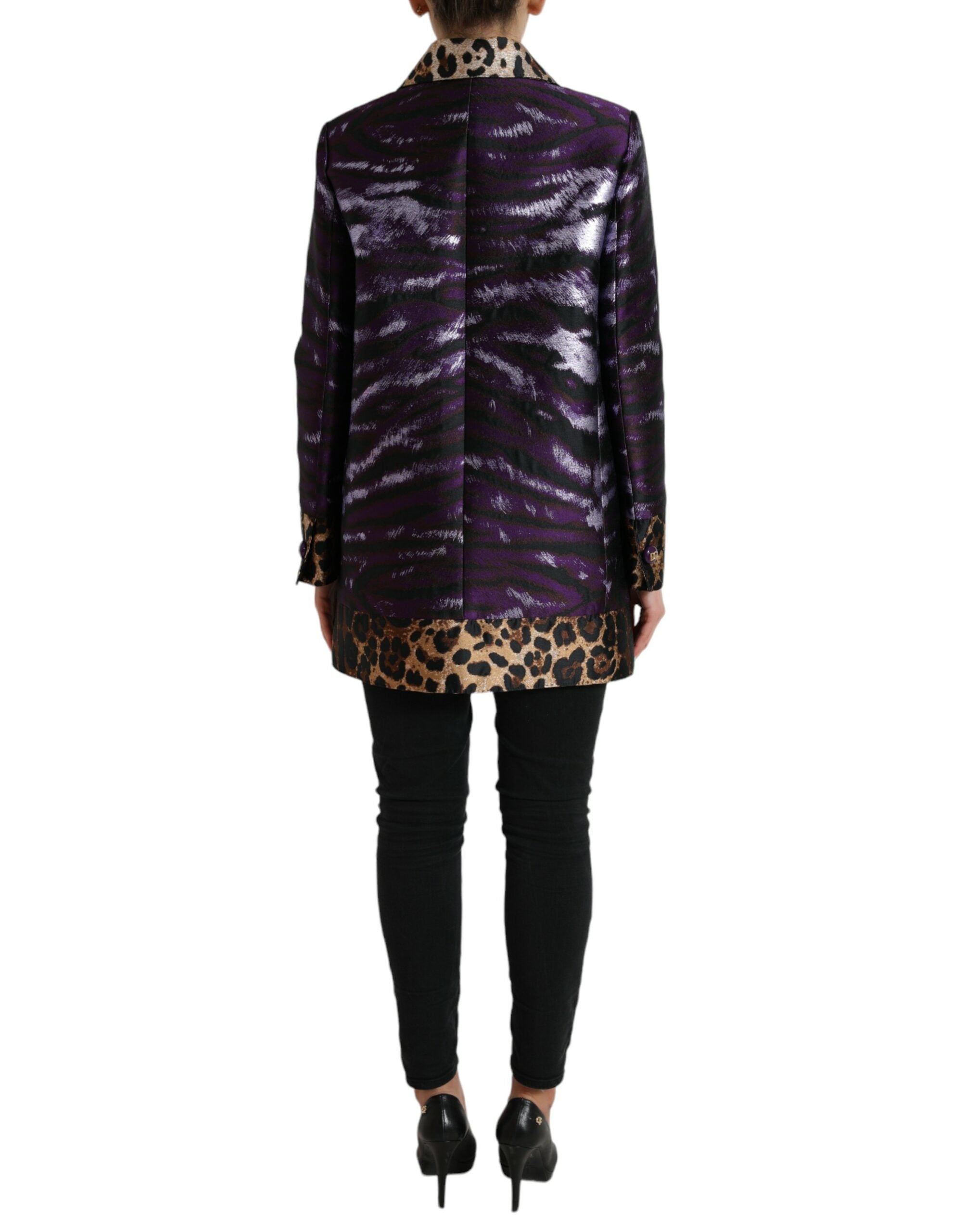 Dolce & Gabbana Lila Lamé-Jacquard-Mantel mit Tiger-Print Jacke