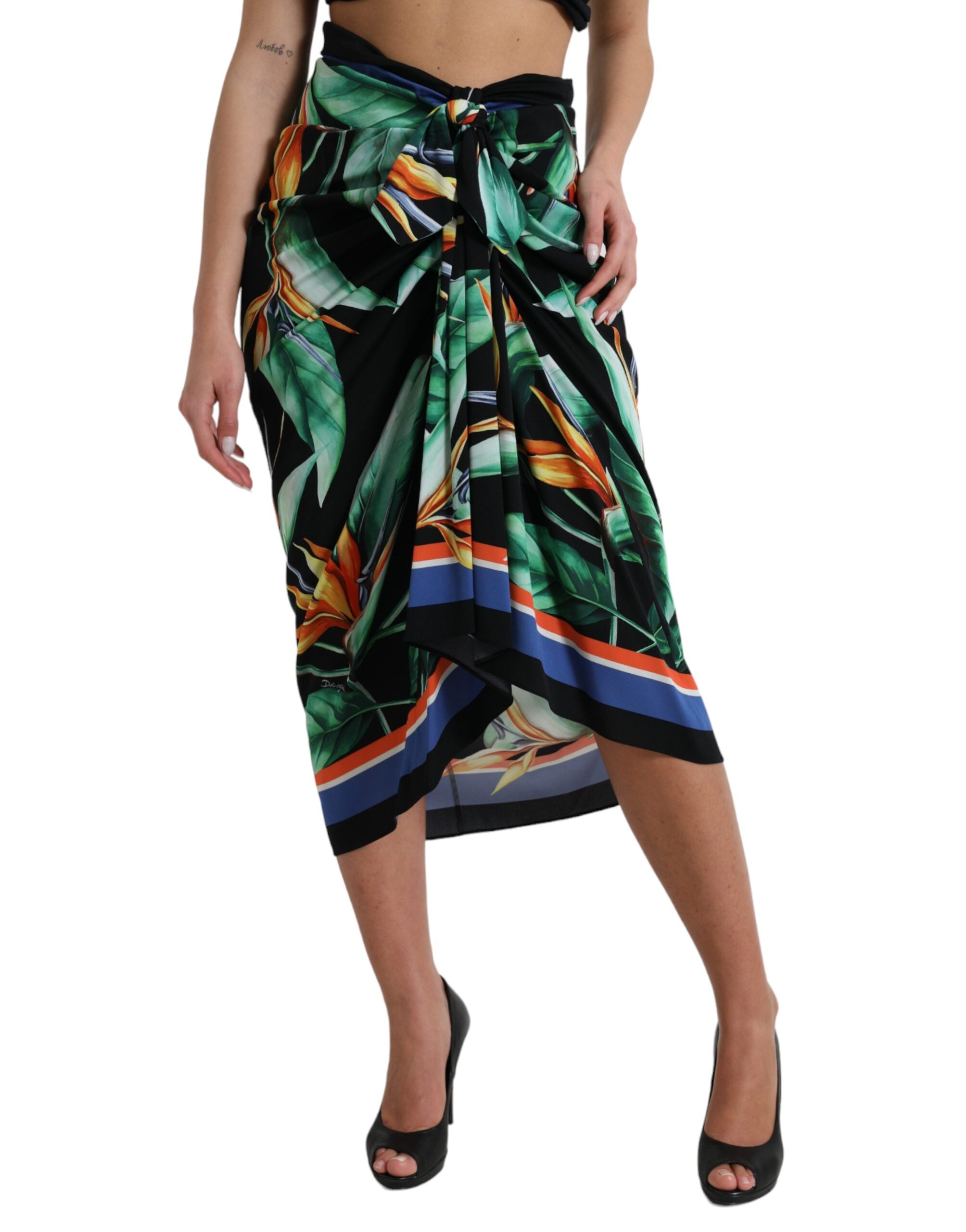 Dolce & Gabbana Schwarzer Strelitzia Wickel-Midi-Rock mit hoher Taille