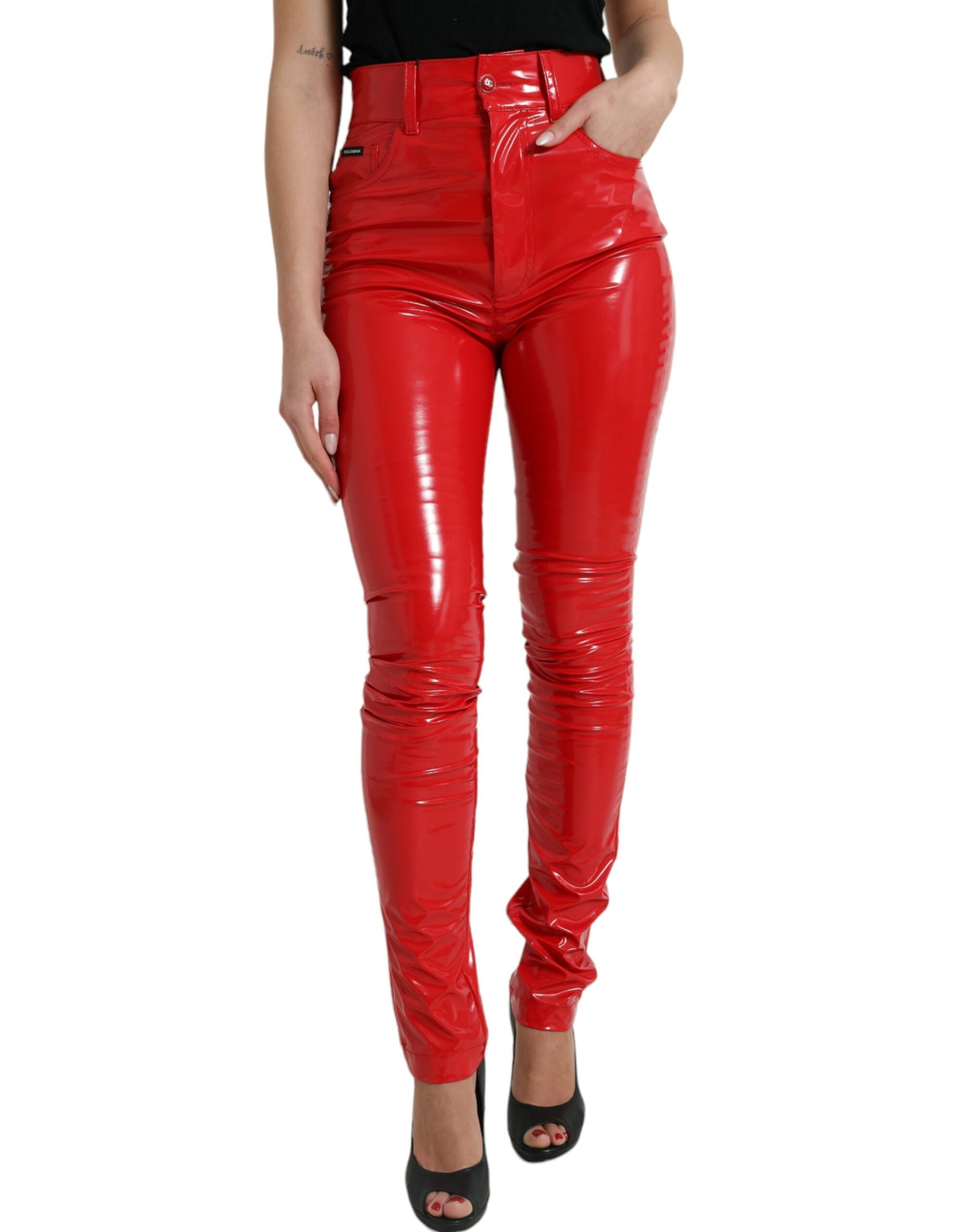 Dolce & Gabbana Glänzende rote Skinny-Hose mit hoher Taille