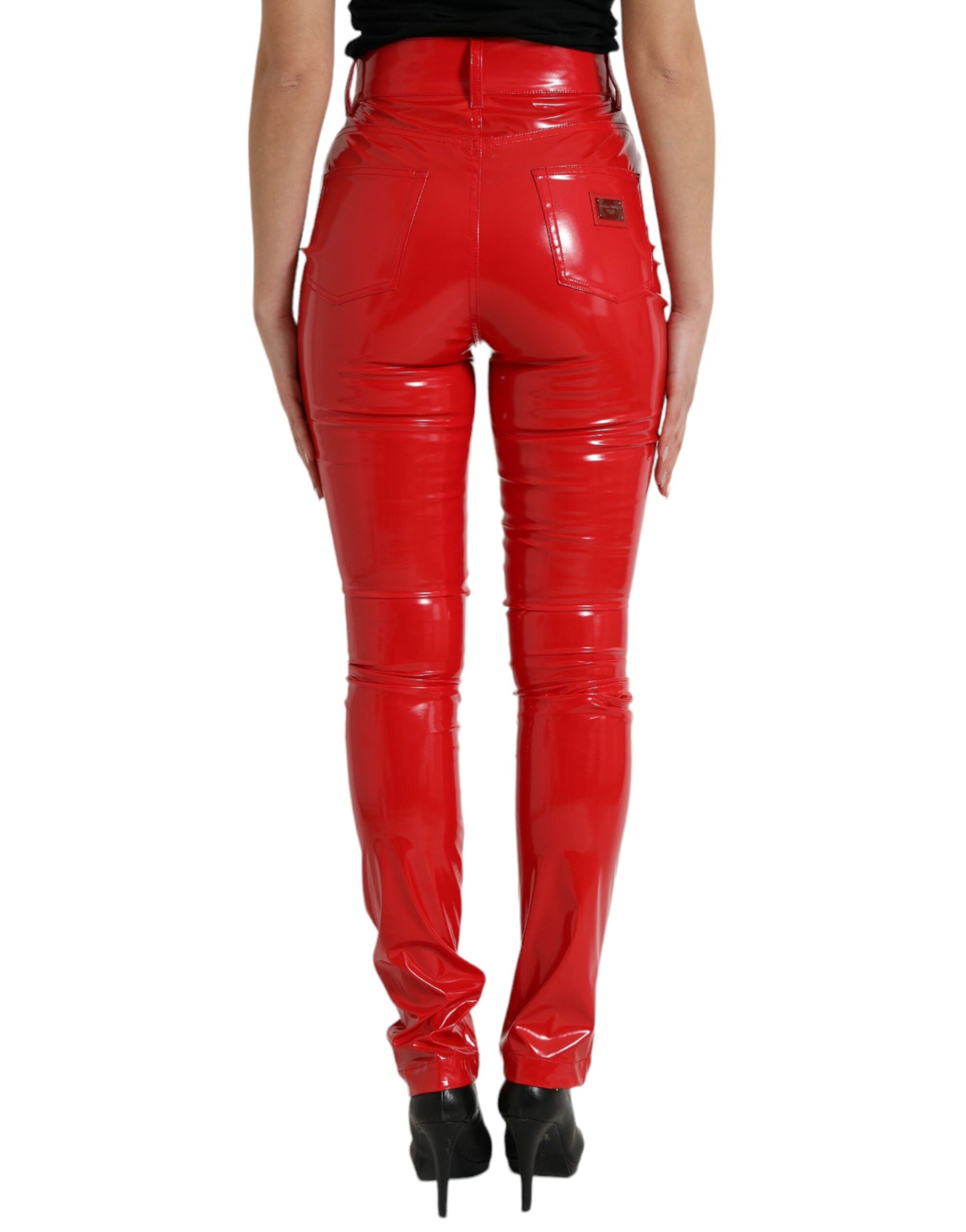 Dolce & Gabbana Glänzende rote Skinny-Hose mit hoher Taille