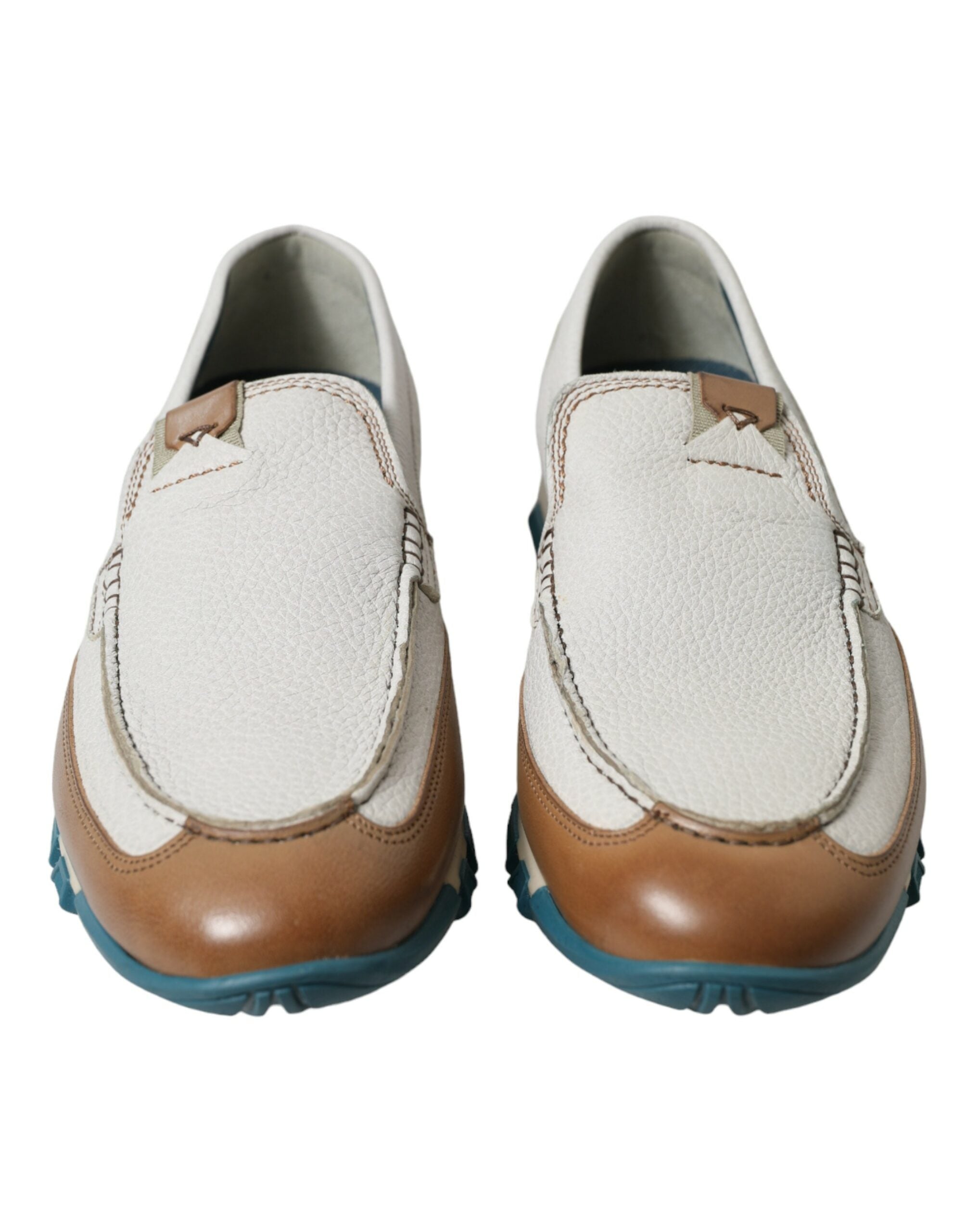 Dolce & Gabbana Weiß Braun Leder Slip On Männer Mokassin Schuhe