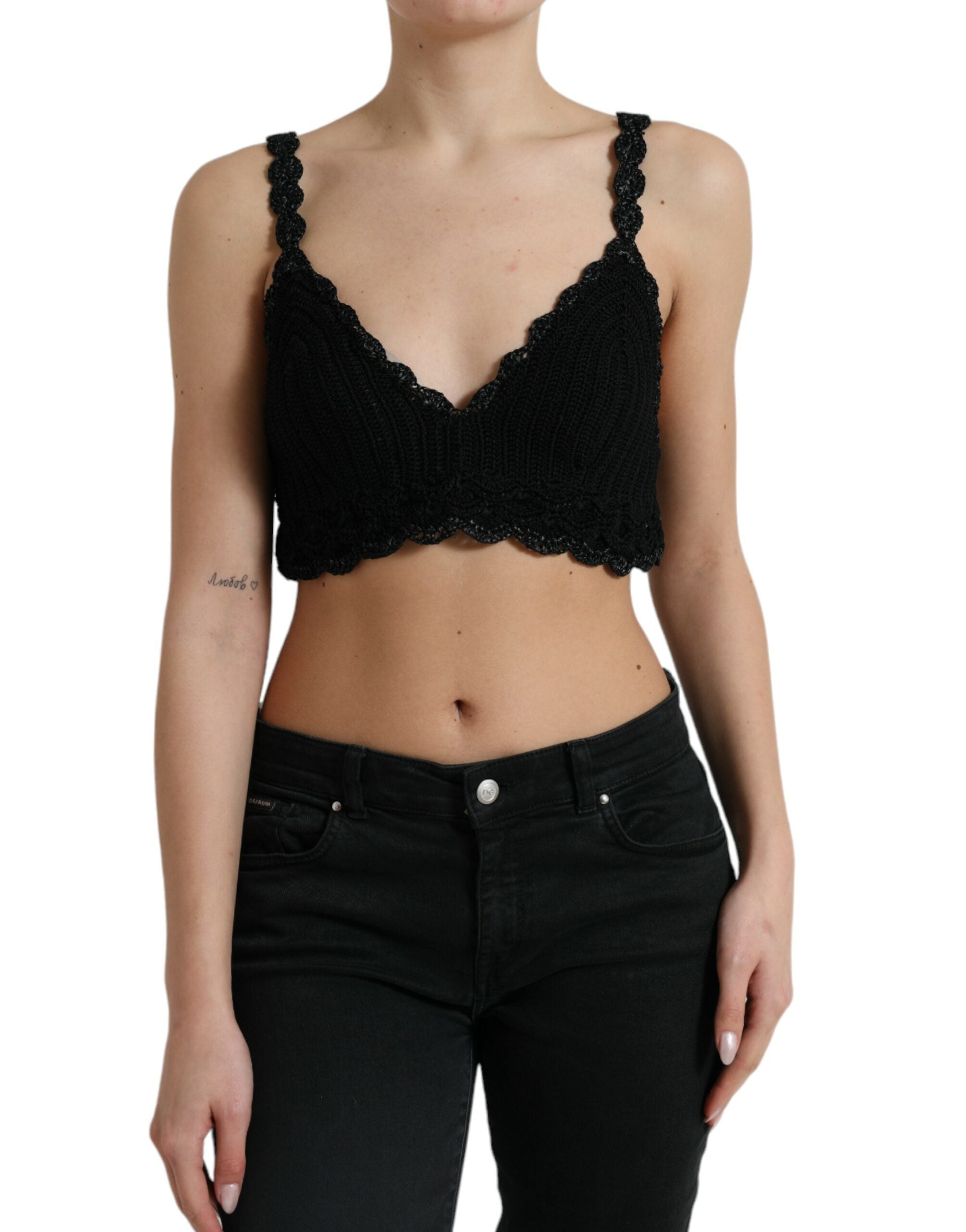 Dolce & Gabbana Schwarzes Baumwoll-Bustier Cropped Crochet Tank Top