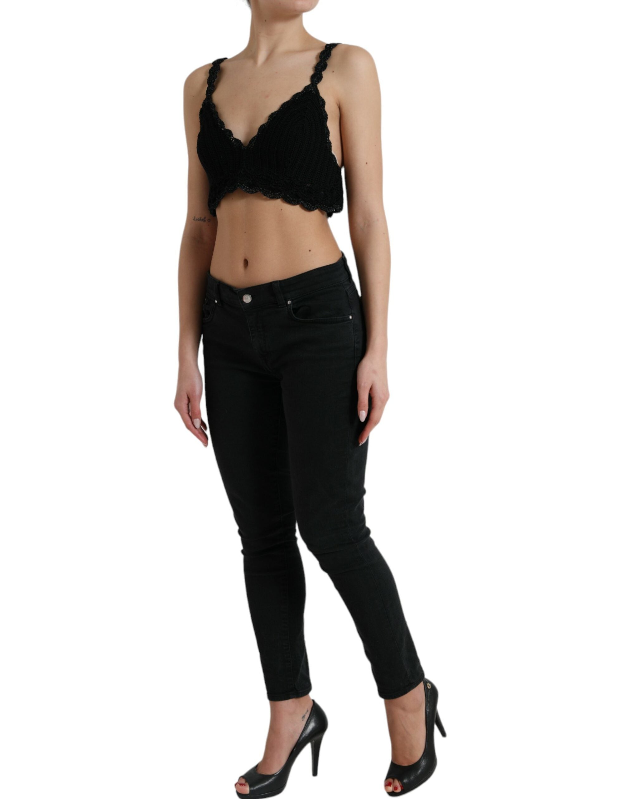 Dolce & Gabbana Schwarzes Baumwoll-Bustier Cropped Crochet Tank Top