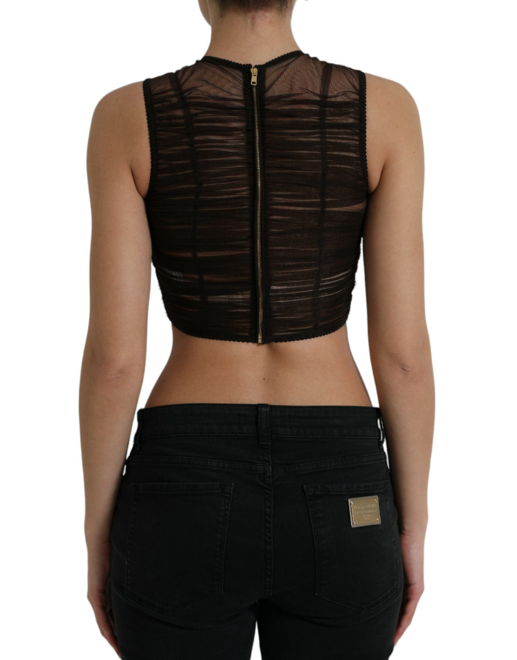 Dolce & Gabbana Braunes verschönertes Nylon Stretch Cropped Top