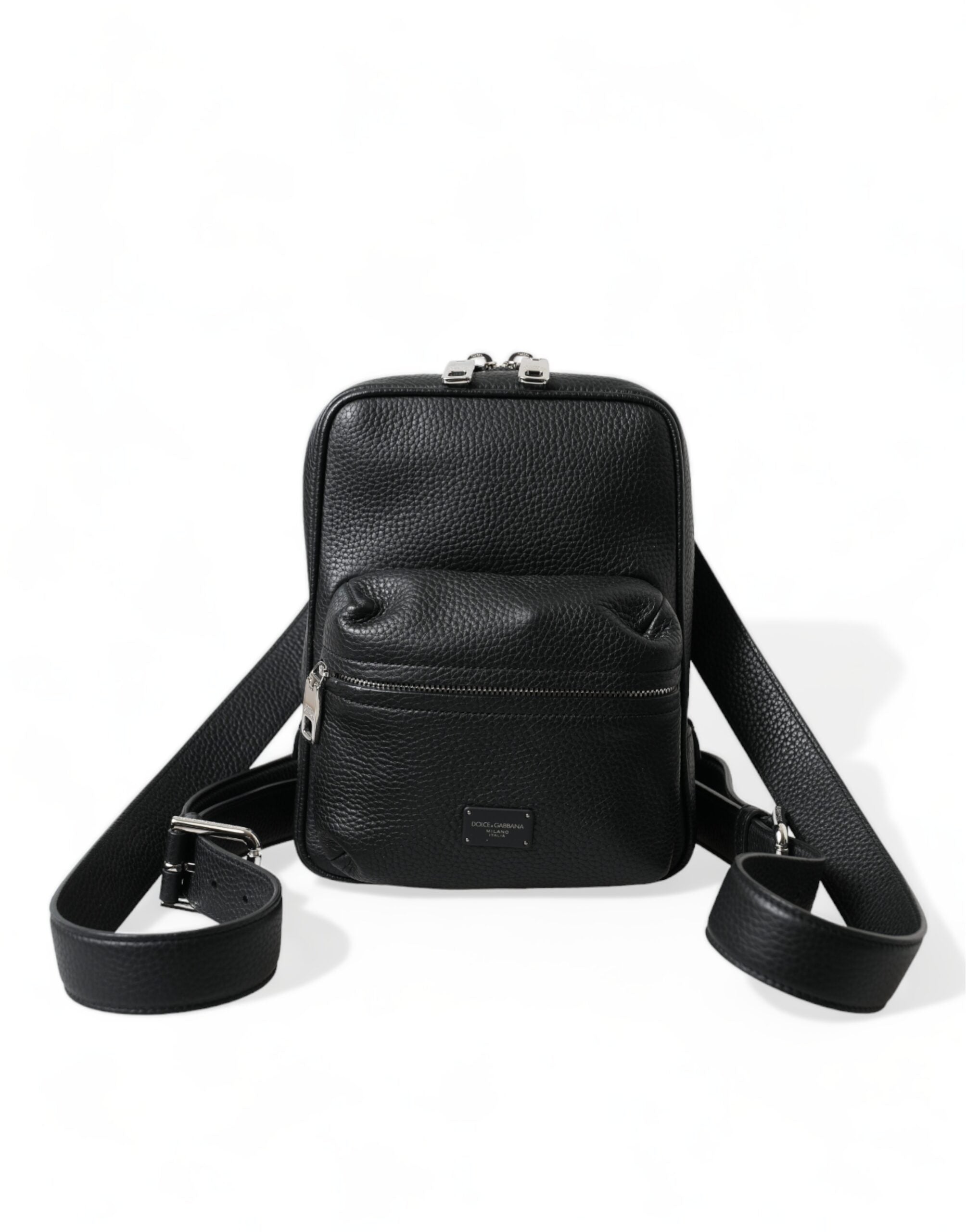 Dolce & Gabbana Schwarzes Kalbsleder Logo Palermo Rucksack Tasche